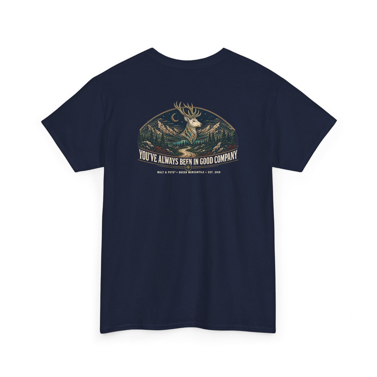Back of LGBTQ outdoor shirt reading You’ve Always Been in Good Company