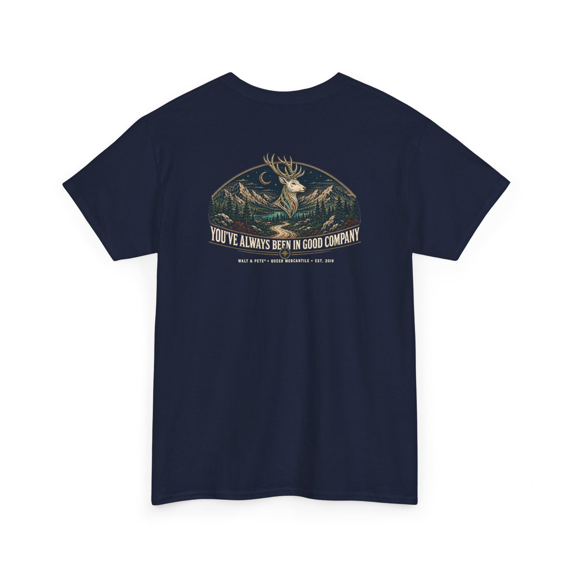 Back of LGBTQ outdoor shirt reading You’ve Always Been in Good Company