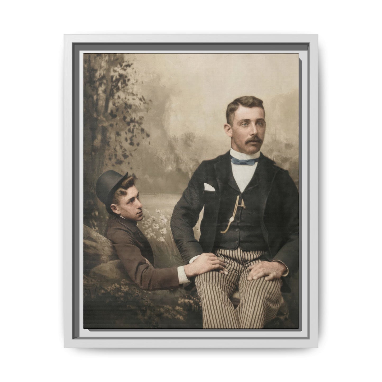Early portrait of two men in a painted scenic studio with dramatic pose, mustache, bow tie, and striped trousers