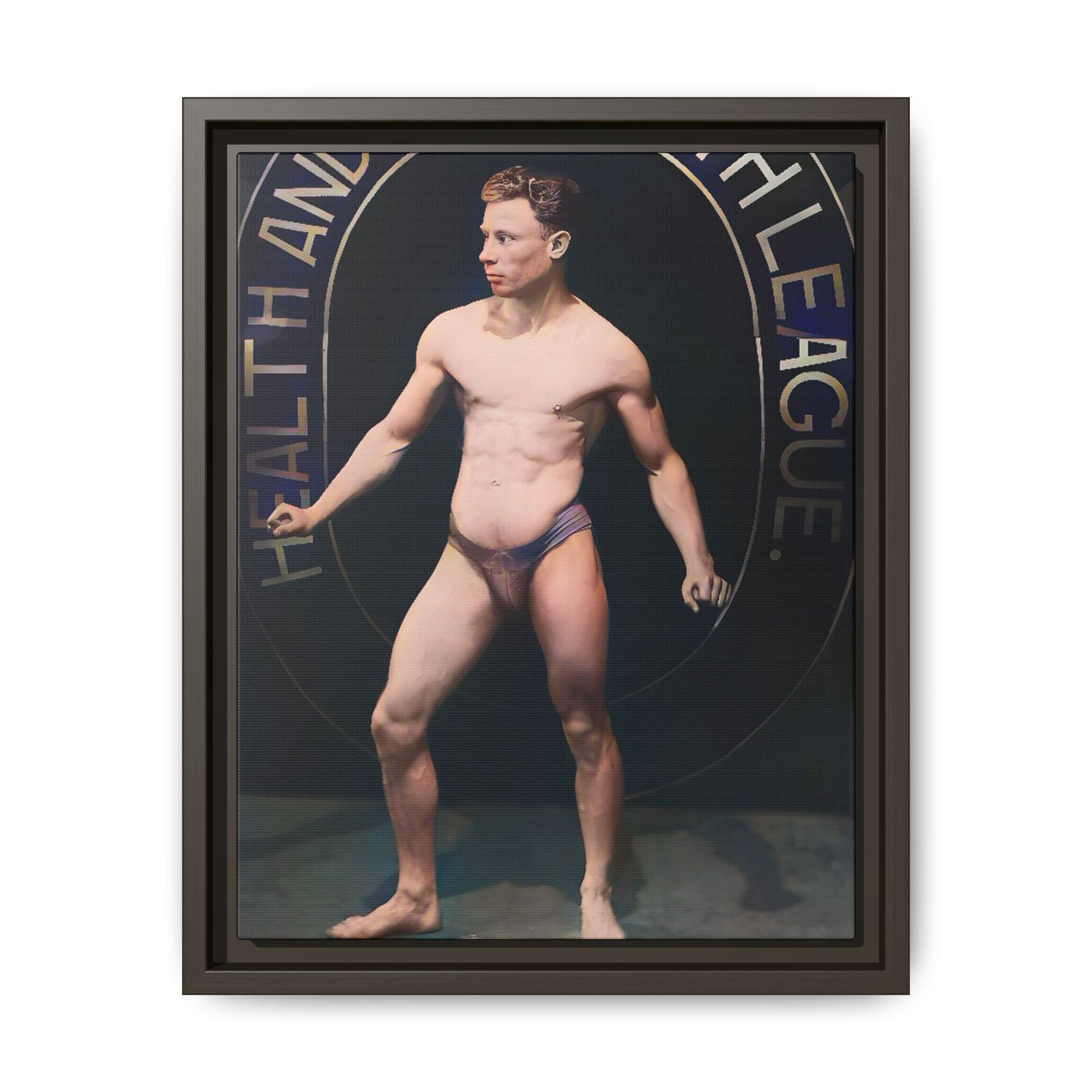 Restored vintage photo of Robert, a young bodybuilder from Manchester, UK, circa early 20th century, framed canvas.