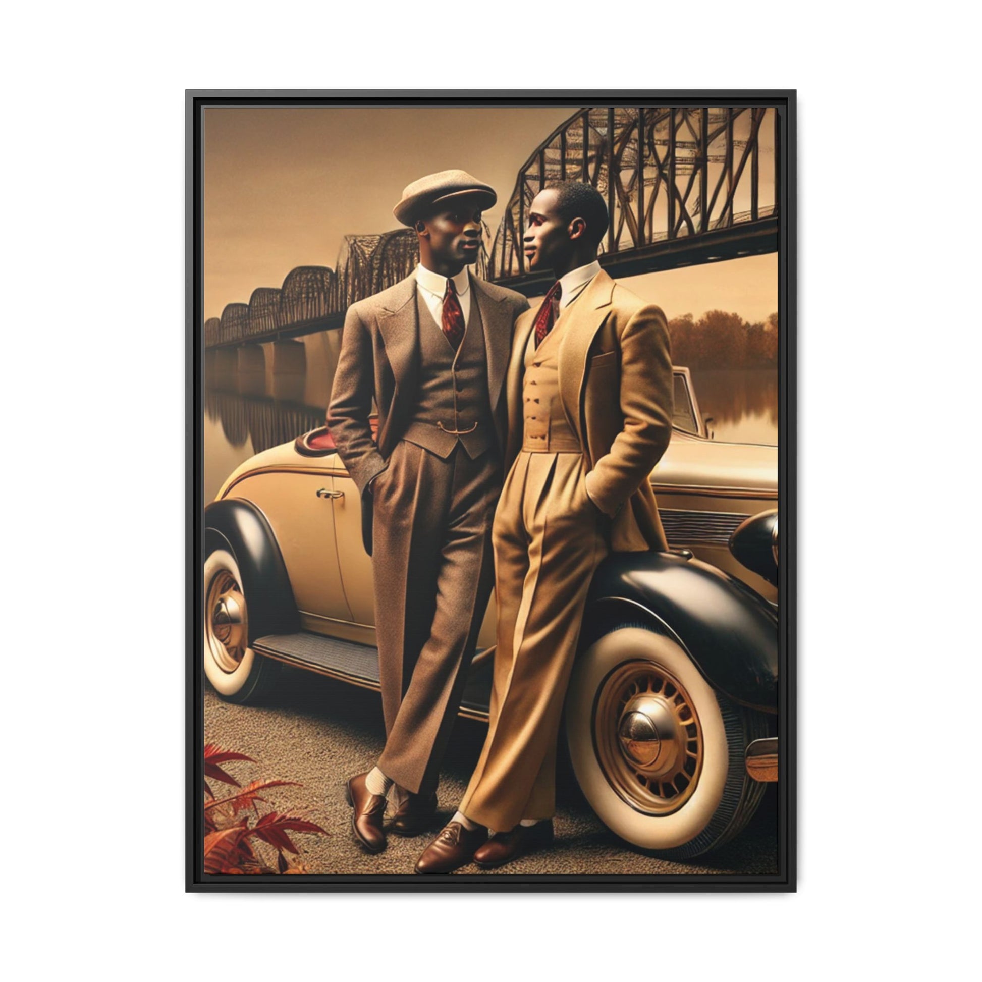 Vintage-style artwork of an African-American gay couple in the 1930s by the Mississippi River with a Packard car, celebrating love and resilience.