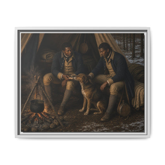 Historical oil-style portrait of Black Revolutionary War soldiers sharing a quiet winter camp scene with a dog beside a cooking fire.