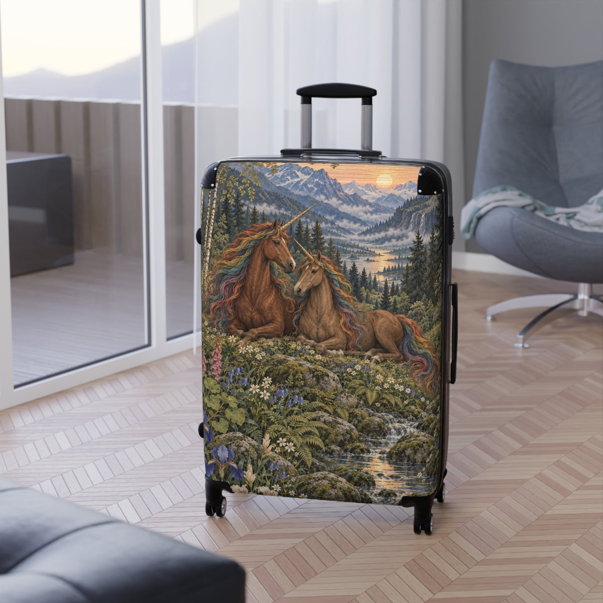 Companions of the Rainbow Vale | Brown Unicorn Aesthetic Movement Carry-On Suitcase