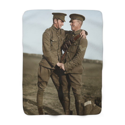 Heirloom sherpa blanket featuring two servicemen standing together in a restored field portrait 