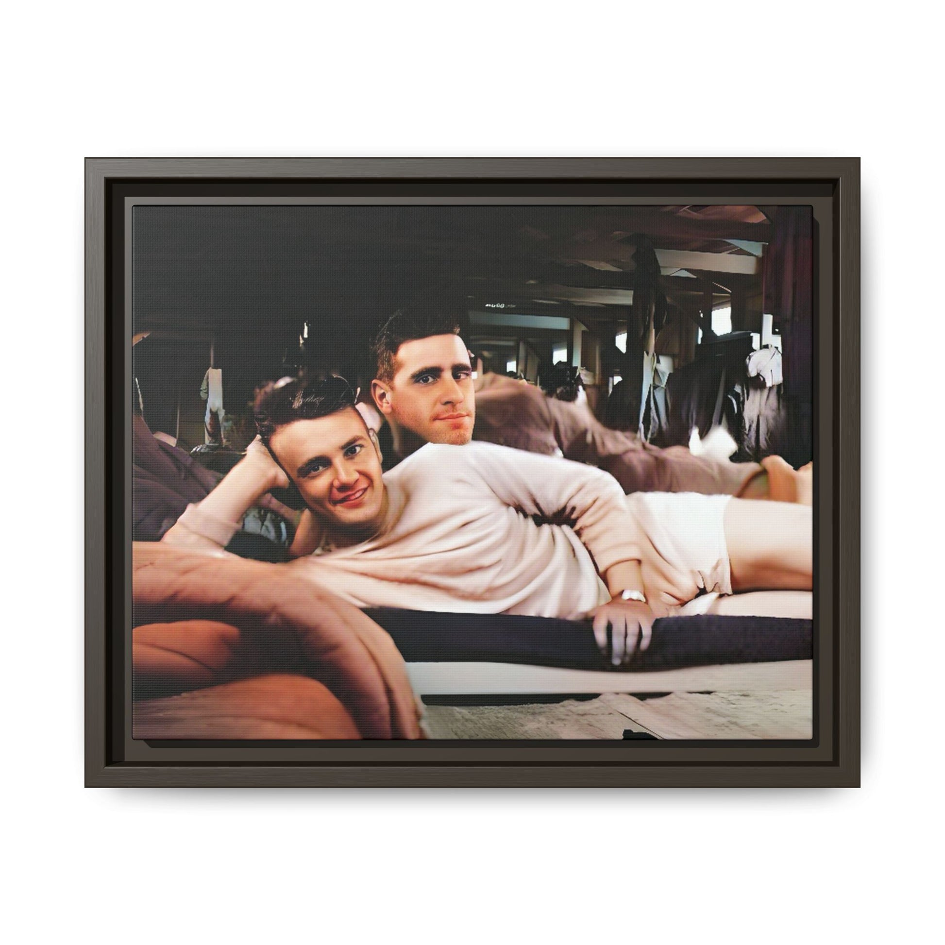 Restored 1940s photo of Jules & Seymour, a gay couple lounging together at Camp Campbell KY, framed matte canvas art.