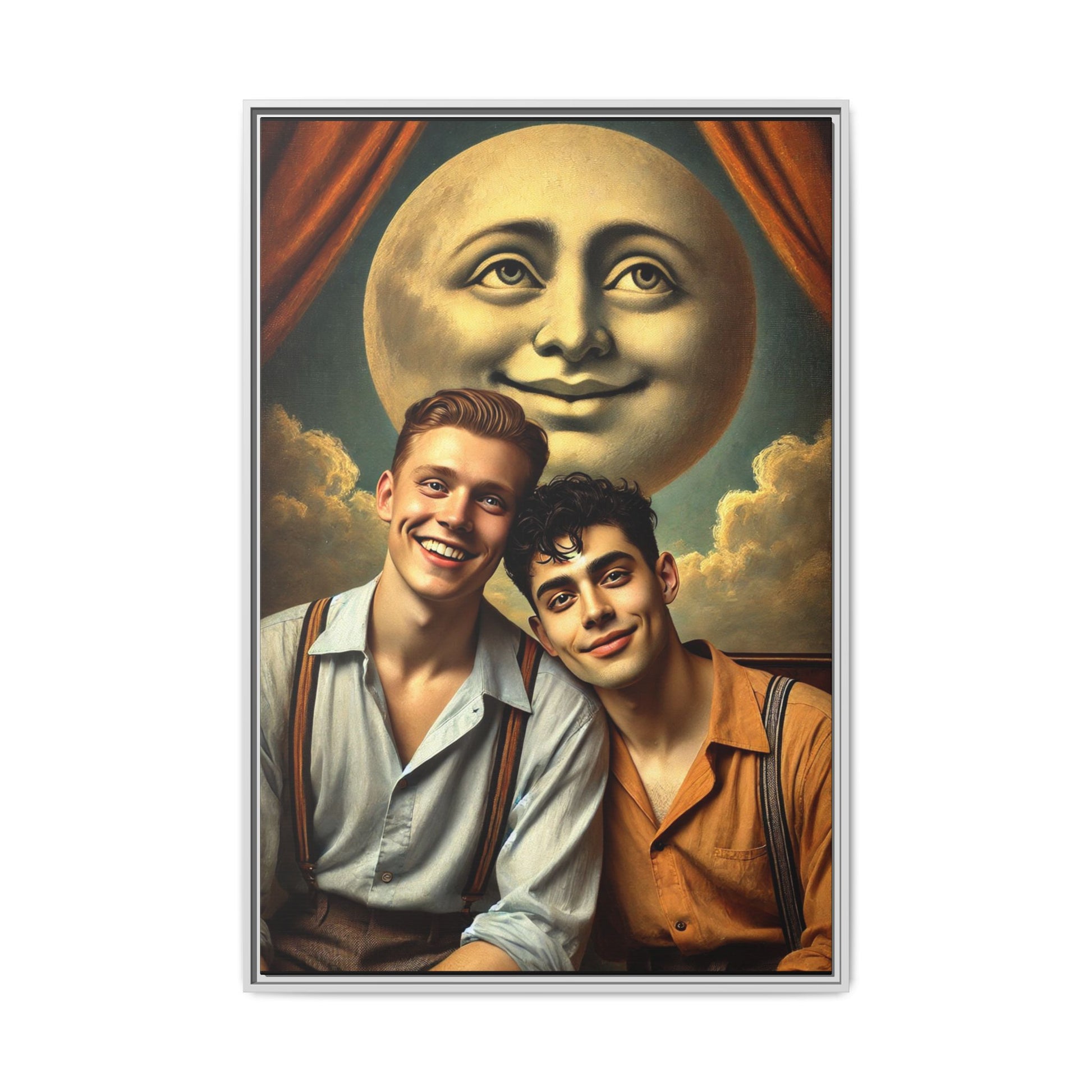 Framed artwork featuring a joyful queer couple in 1930s attire, seated close together beneath a smiling full moon in a theatrical studio setting. A celebration of reclaimed LGBTQ+ narratives in nostalgic portraiture.