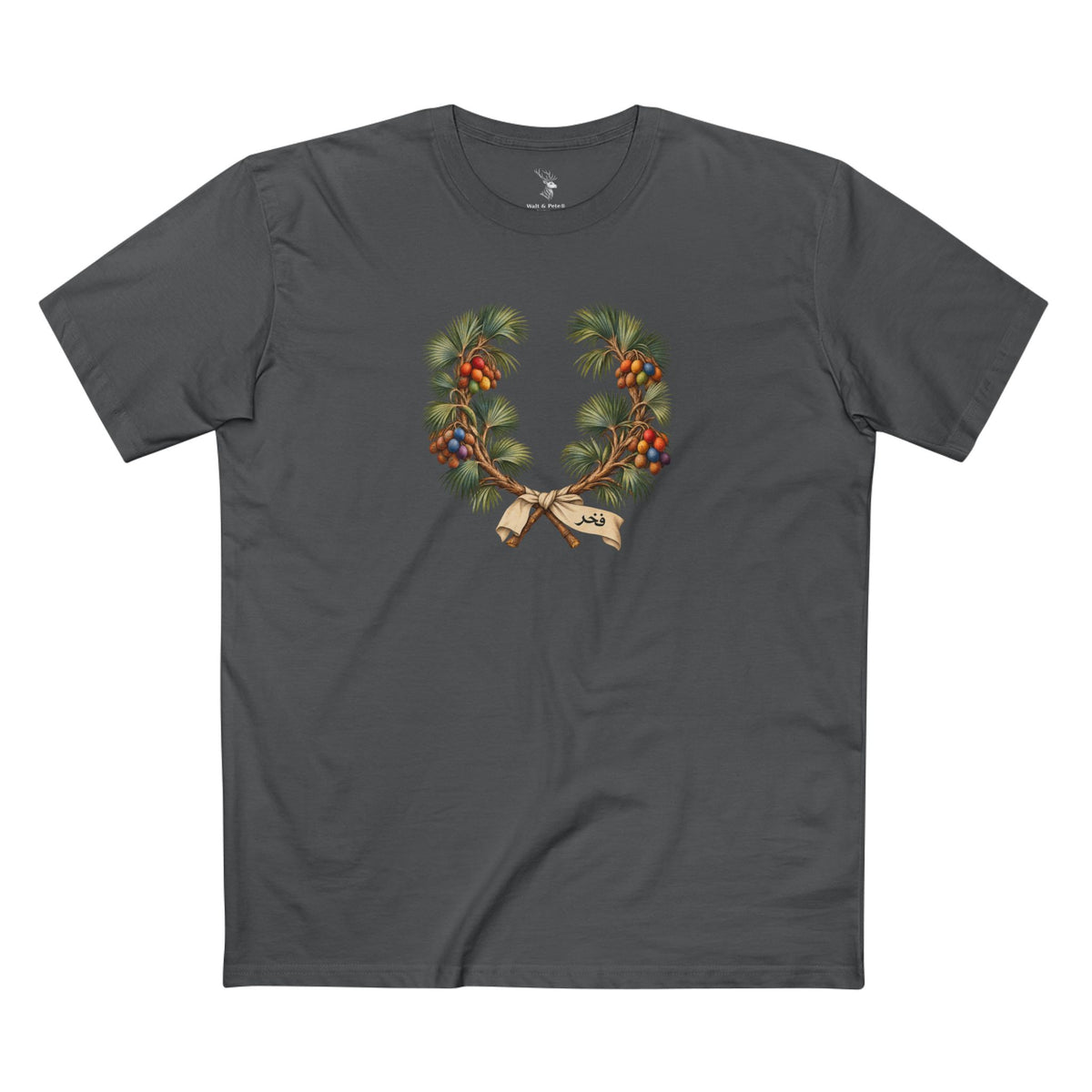 Front view of a T-shirt featuring a Sudanese doum palm Pride wreath with rainbow fruit and Arabic فخر lettering on an ivory ribbon.