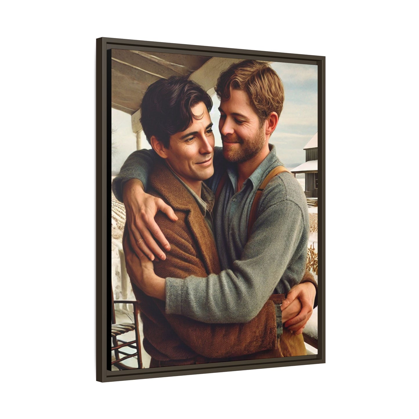 Artwork of a tender moment between two men embracing on a rustic farm porch in 1930s-style clothing. Set against a snowy, vintage rural backdrop, this image captures LGBTQ+ love and connection with a nostalgic Americana feel