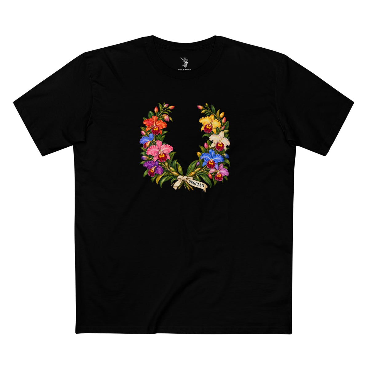Dark T-shirt displaying an open wreath of colorful Cattleya orchids and green foliage, with contrasting ORGULLO lettering below.