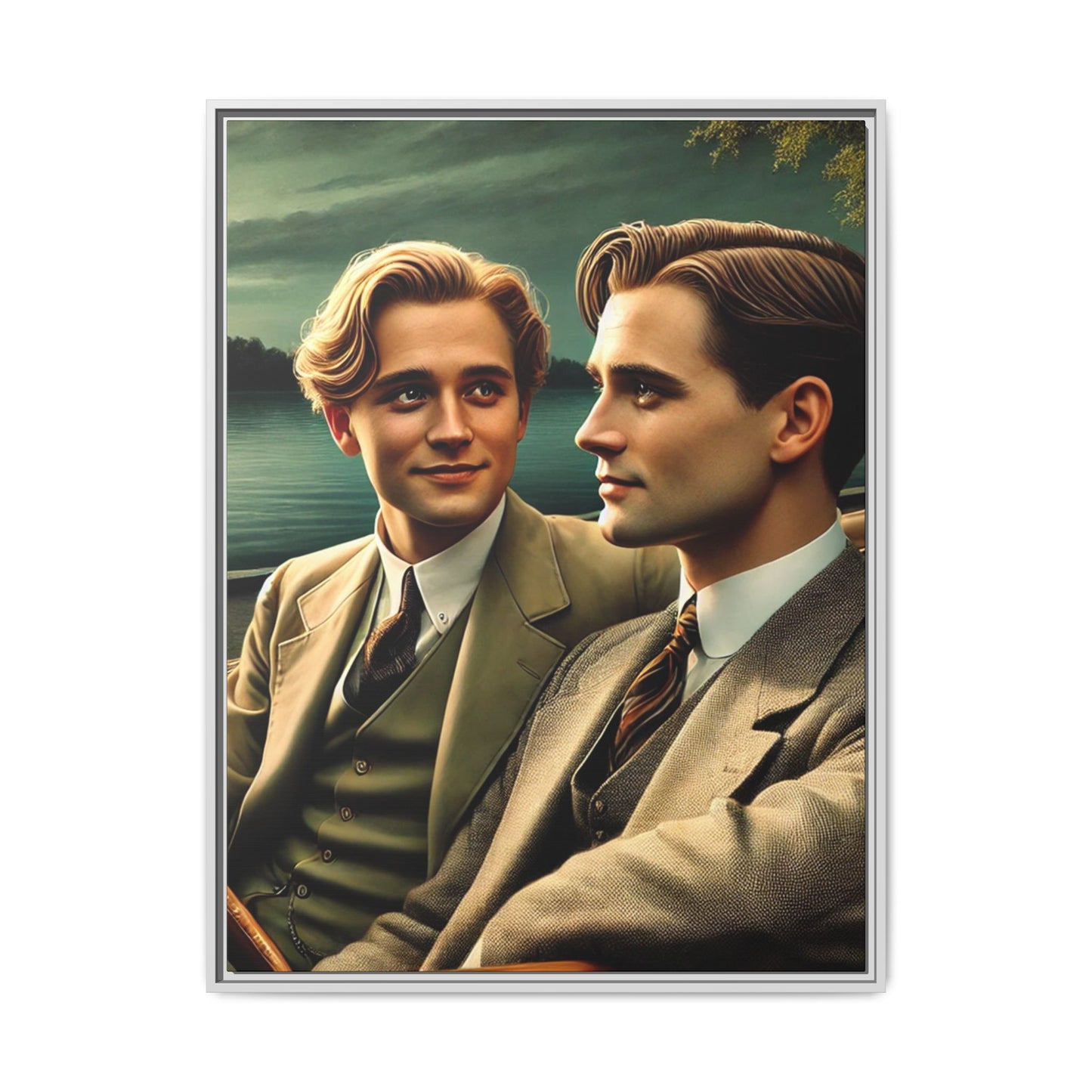 Vintage-style artwork of a gay couple from the 1930s in a Packard car by the Mississippi River, celebrating love and inclusivity.