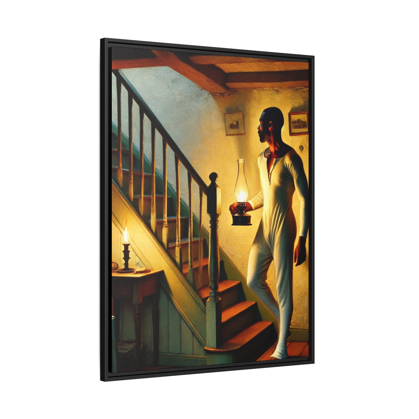 Framed artwork of an African-American man holding a lantern on a staircase, inspired by Grant Wood's style.