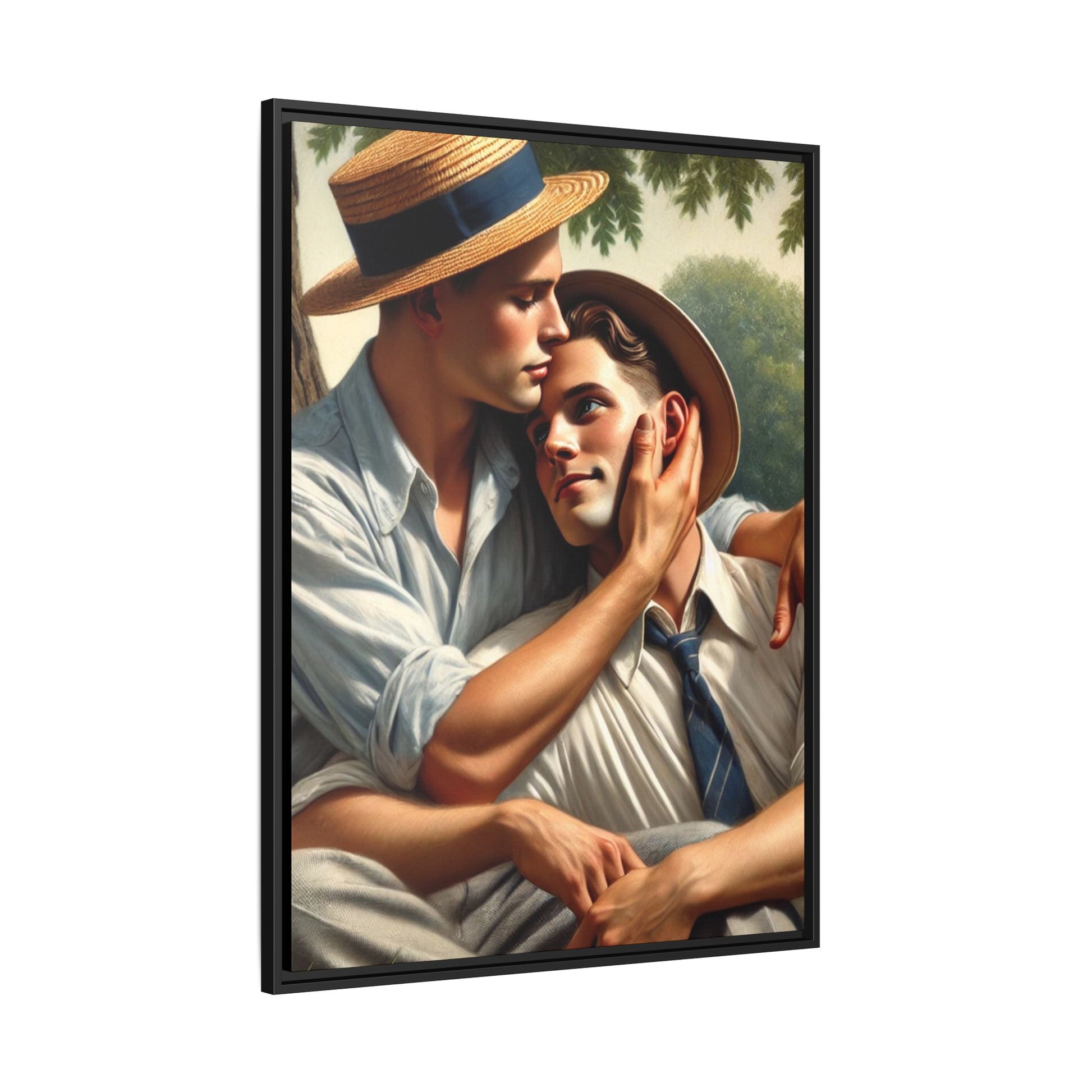 Vintage-style artwork of a gay couple in a sunlit meadow, sharing an affectionate moment in the 1930s