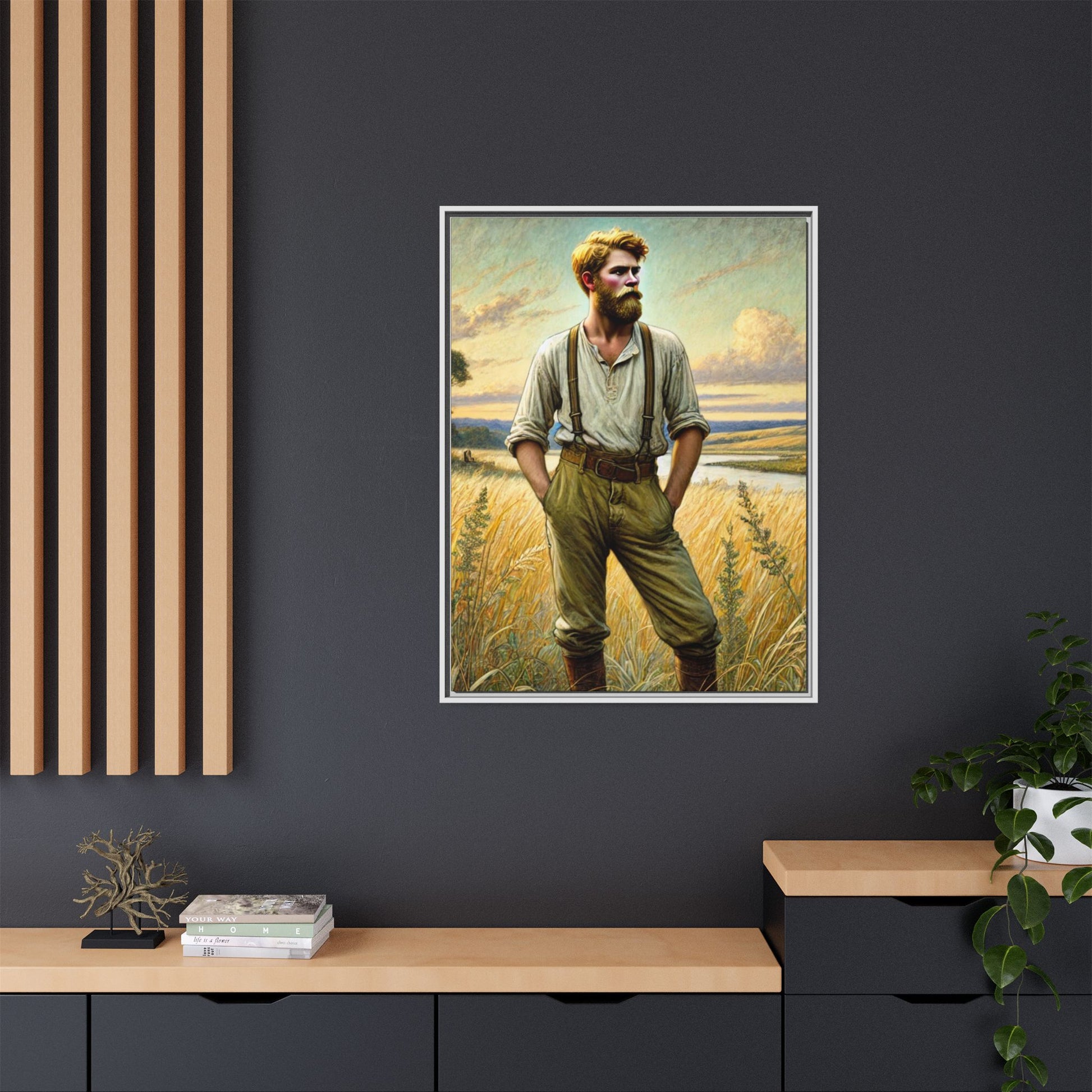 Framed artwork of a confident farmer in 19th-century attire, standing in a golden wheat field, inspired by Walt Whitman’s Song of Myself in Leaves of Grass.