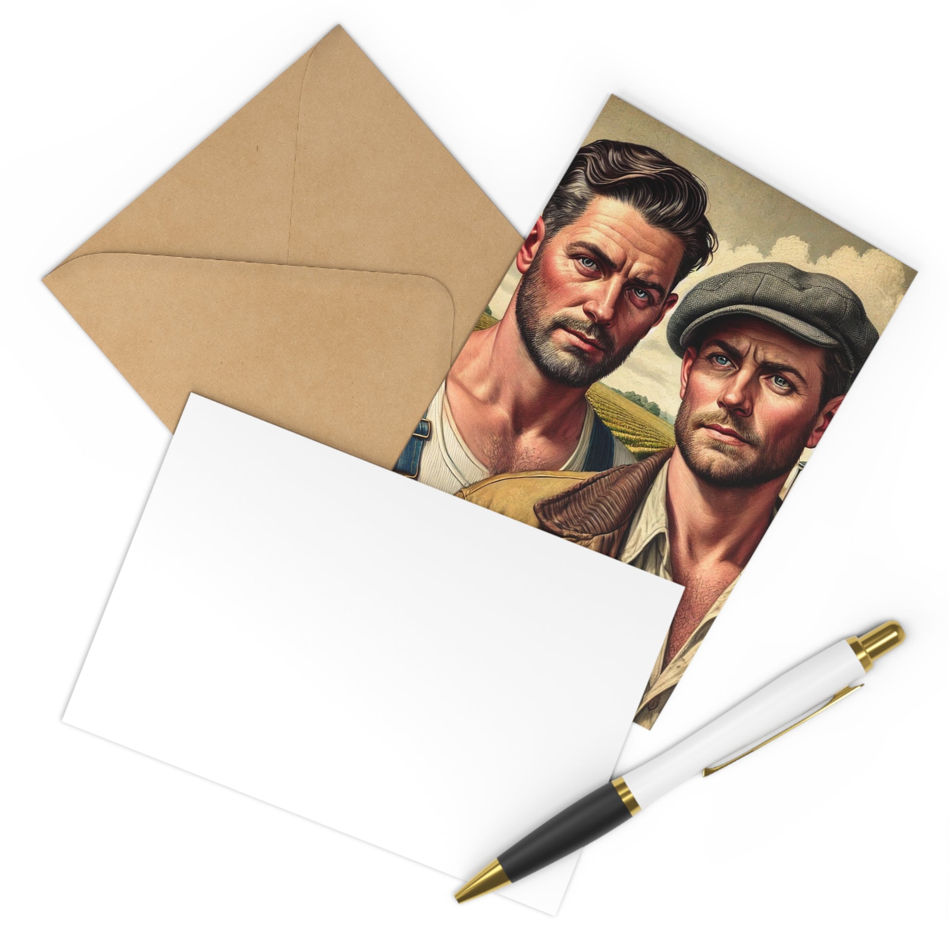 Vintage-style postcard set featuring a heartfelt portrayal of a male couple in a rural American landscape, inspired by Grant Wood.