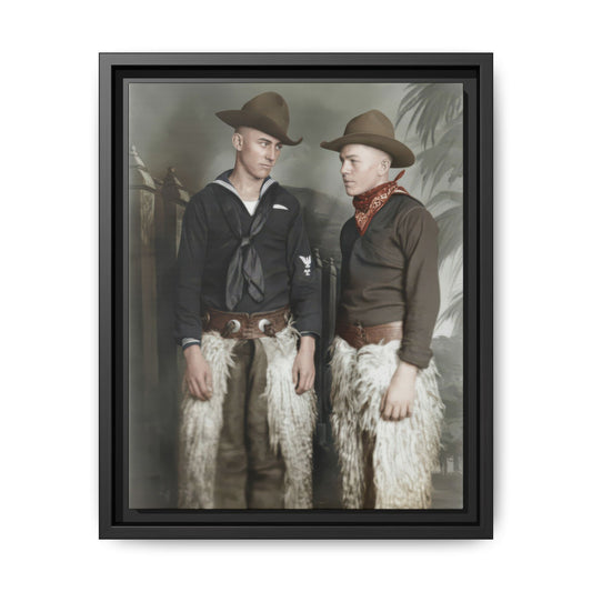 Vintage double portrait of two standing figures in hats and shaggy costume chaps before a scenic backdrop
