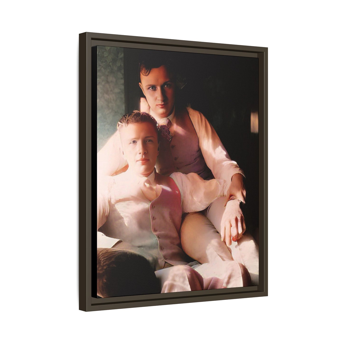 Restored vintage photograph of James and Henry, an early 1900s LGBTQ+ couple from Dayton, Ohio, sharing an intimate, sunlit moment. Framed matte canvas print celebrating love, devotion, and LGBTQ+ history.