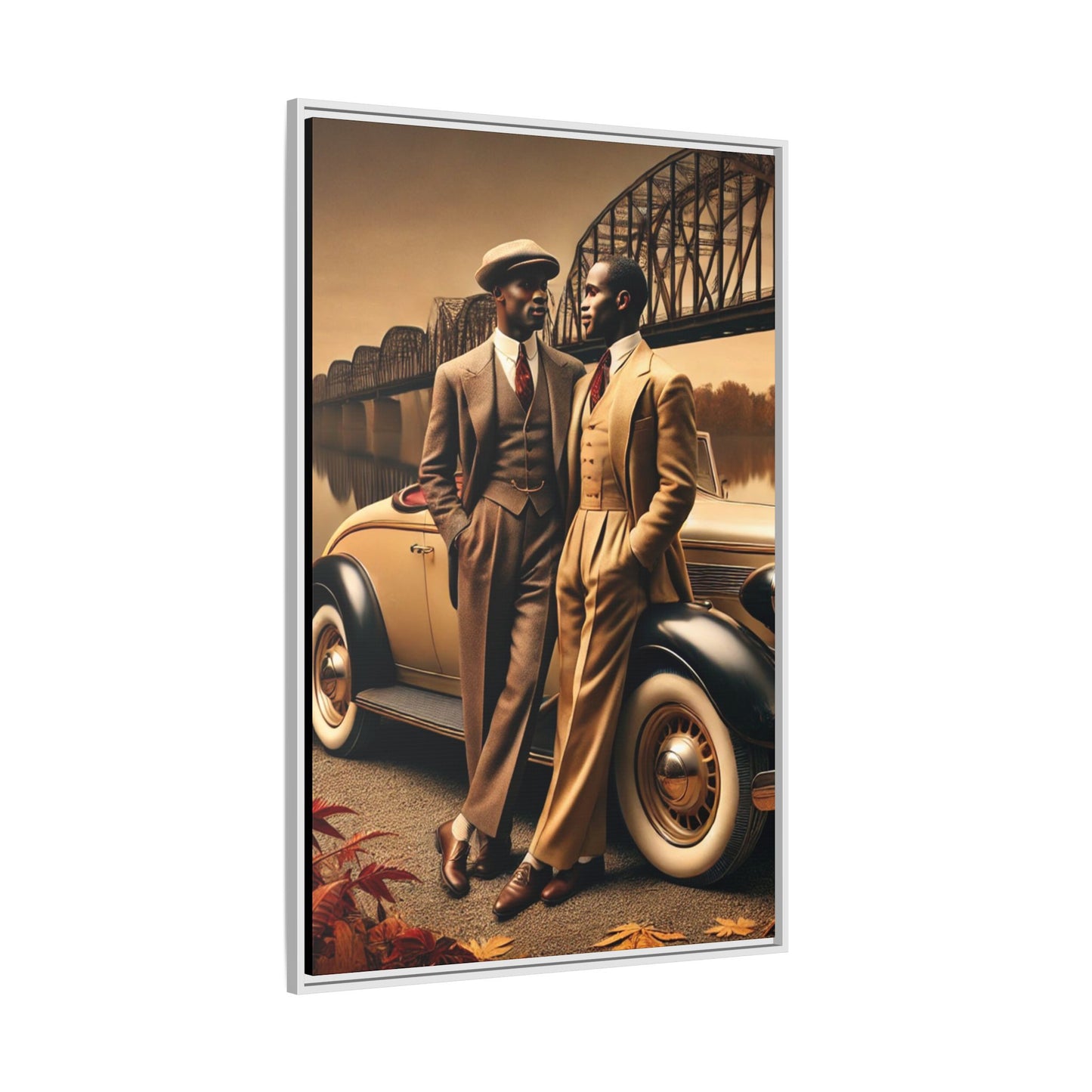 Vintage-style artwork of an African-American gay couple in the 1930s by the Mississippi River with a Packard car, celebrating love and resilience.