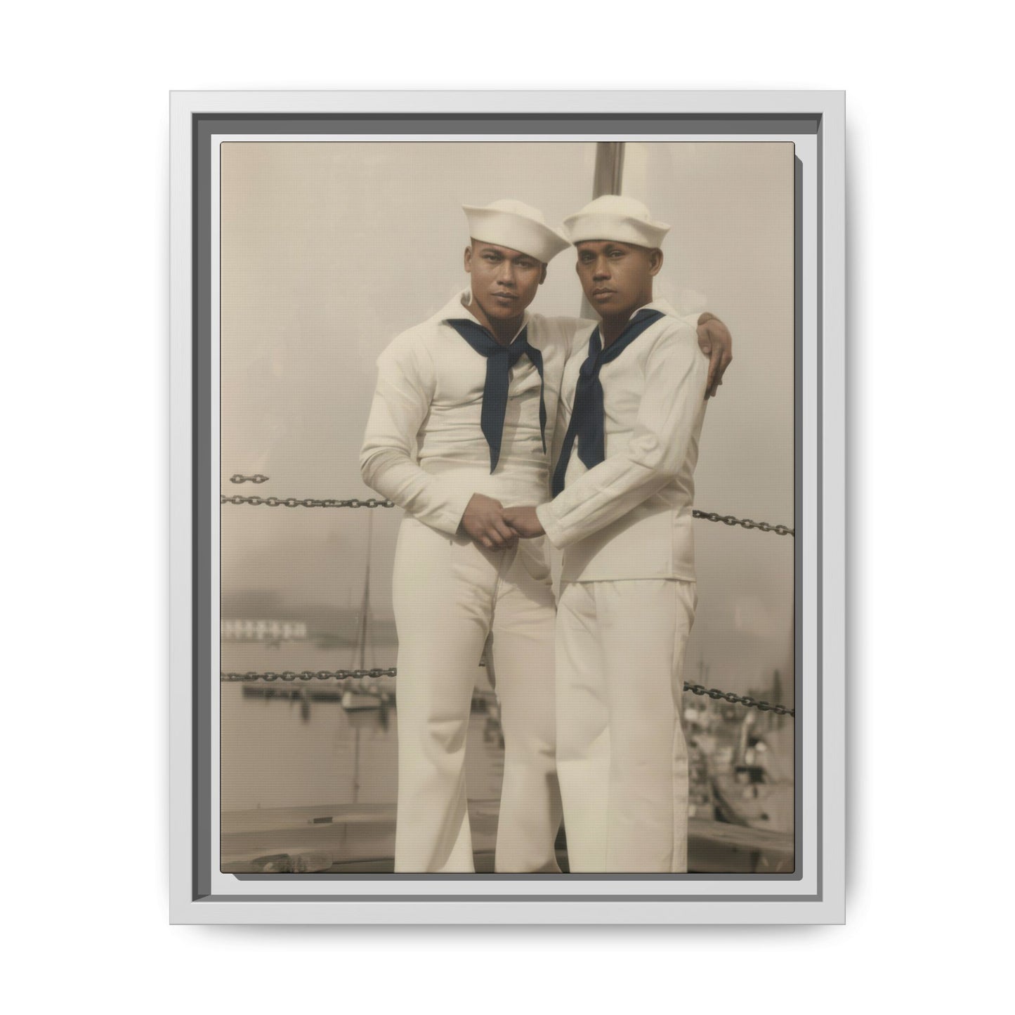 Mid-century maritime double portrait of two sailors in white caps and dark neckerchiefs beside chain rails
