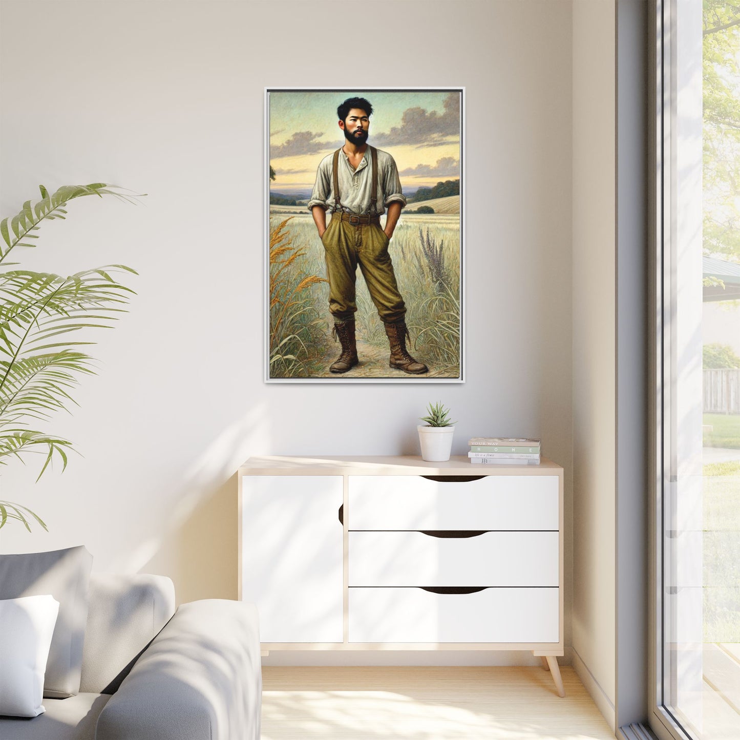 Framed artwork of an Asian-American farmer in 19th-century attire, inspired by Walt Whitman’s Leaves of Grass and Song of Myself, set against a serene rural backdrop of golden wheat fields and rolling hills.