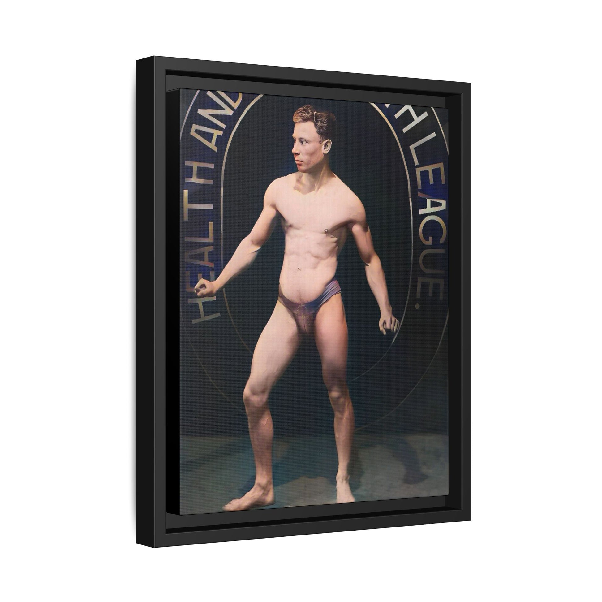 Restored vintage photo of Robert, a young bodybuilder from Manchester, UK, circa early 20th century, framed canvas.