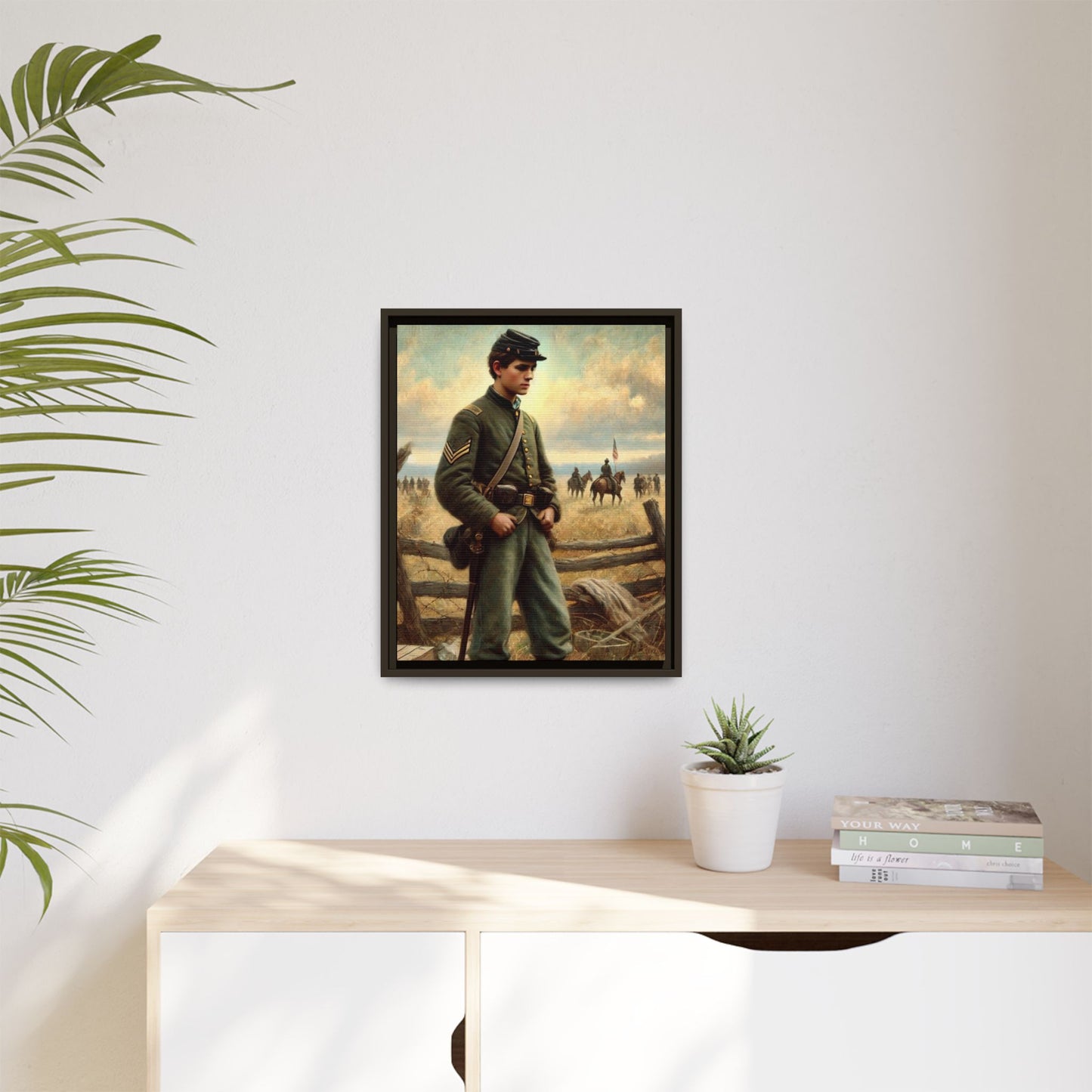 Framed artwork of a young Civil War Union soldier inspired by Walt Whitman’s Drum-Taps poems and Grant Wood's style, depicting battlefield sacrifice, humanity, and historical charm.