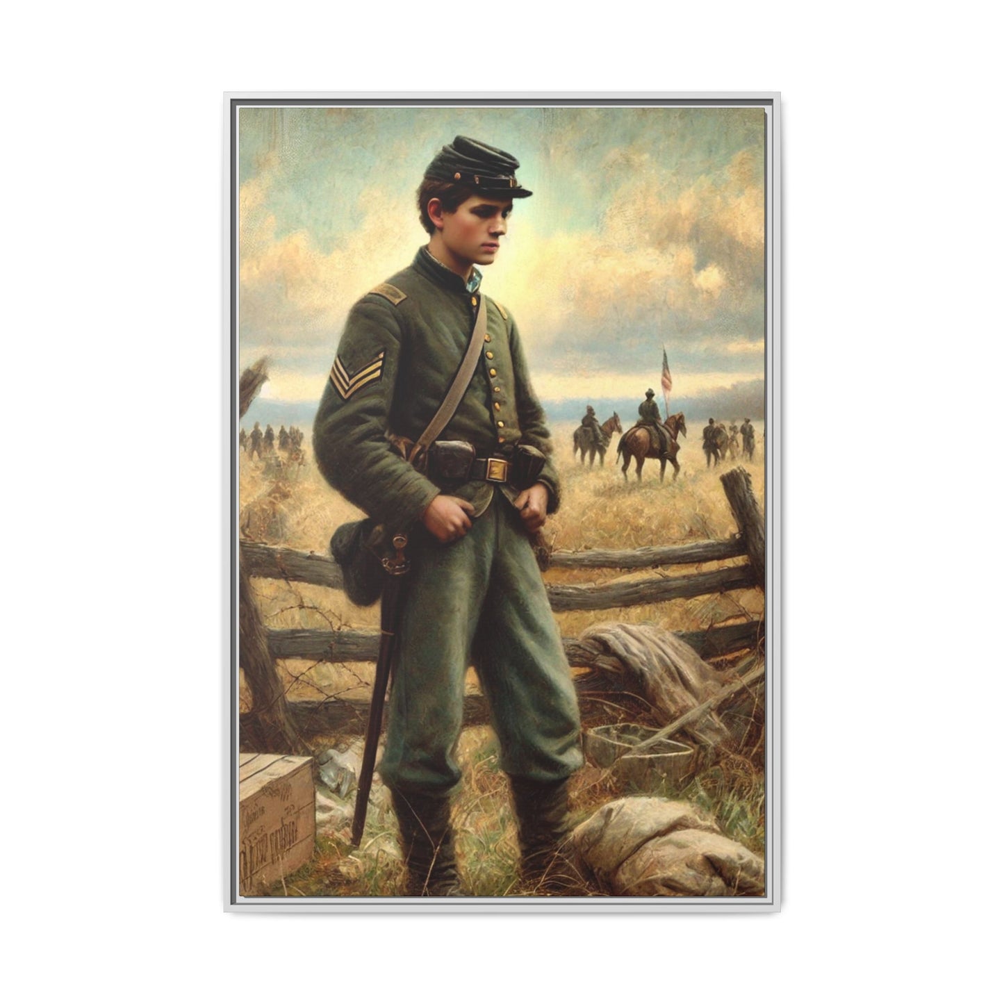 Framed artwork of a young Civil War Union soldier inspired by Walt Whitman’s Drum-Taps poems and Grant Wood's style, depicting battlefield sacrifice, humanity, and historical charm.