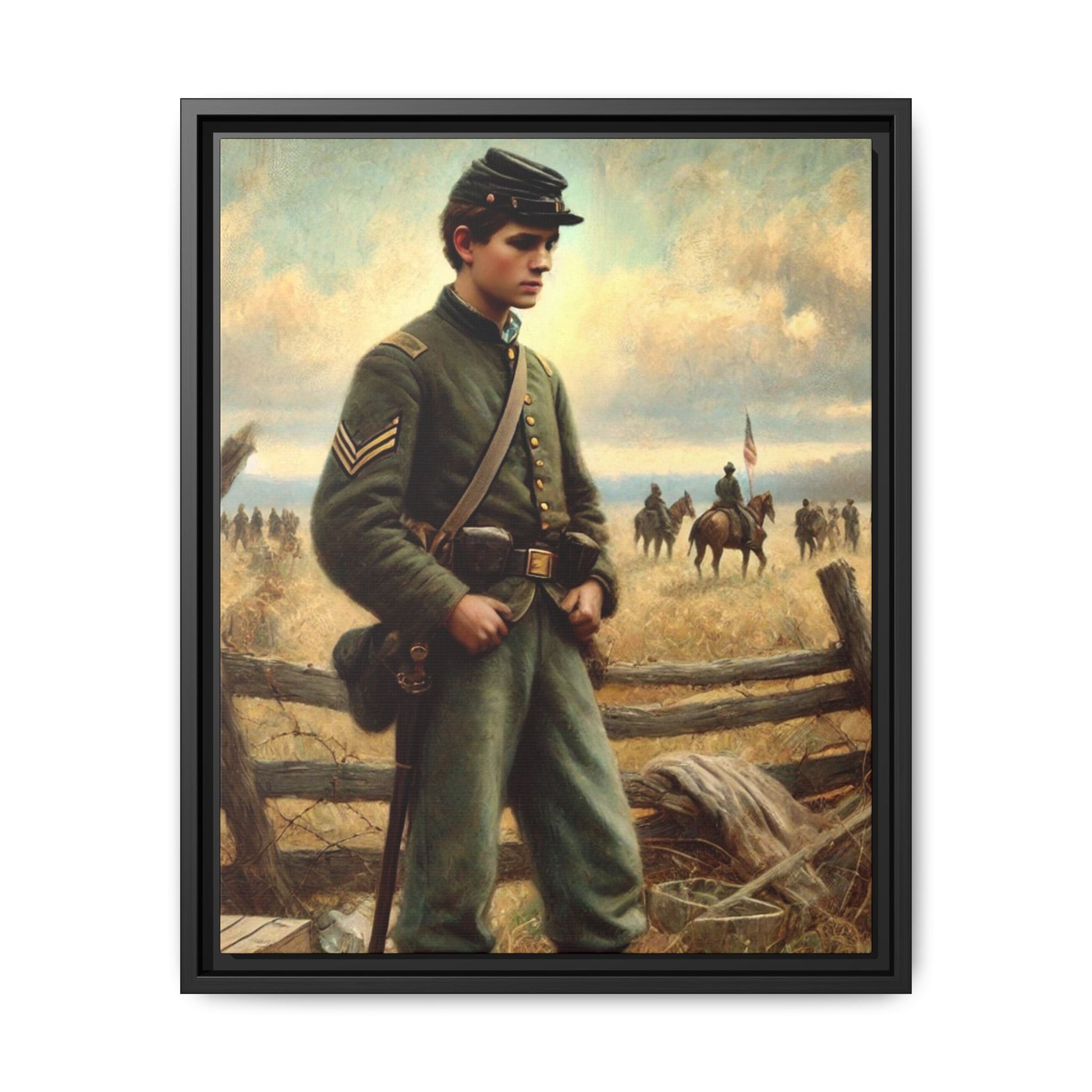 Framed artwork of a young Civil War Union soldier inspired by Walt Whitman’s Drum-Taps poems and Grant Wood's style, depicting battlefield sacrifice, humanity, and historical charm.