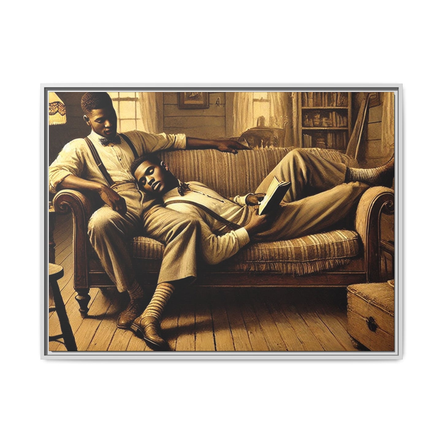 Framed artwork of an African-American gay couple sharing an intimate moment on a rustic sofa, inspired by Grant Wood’s style