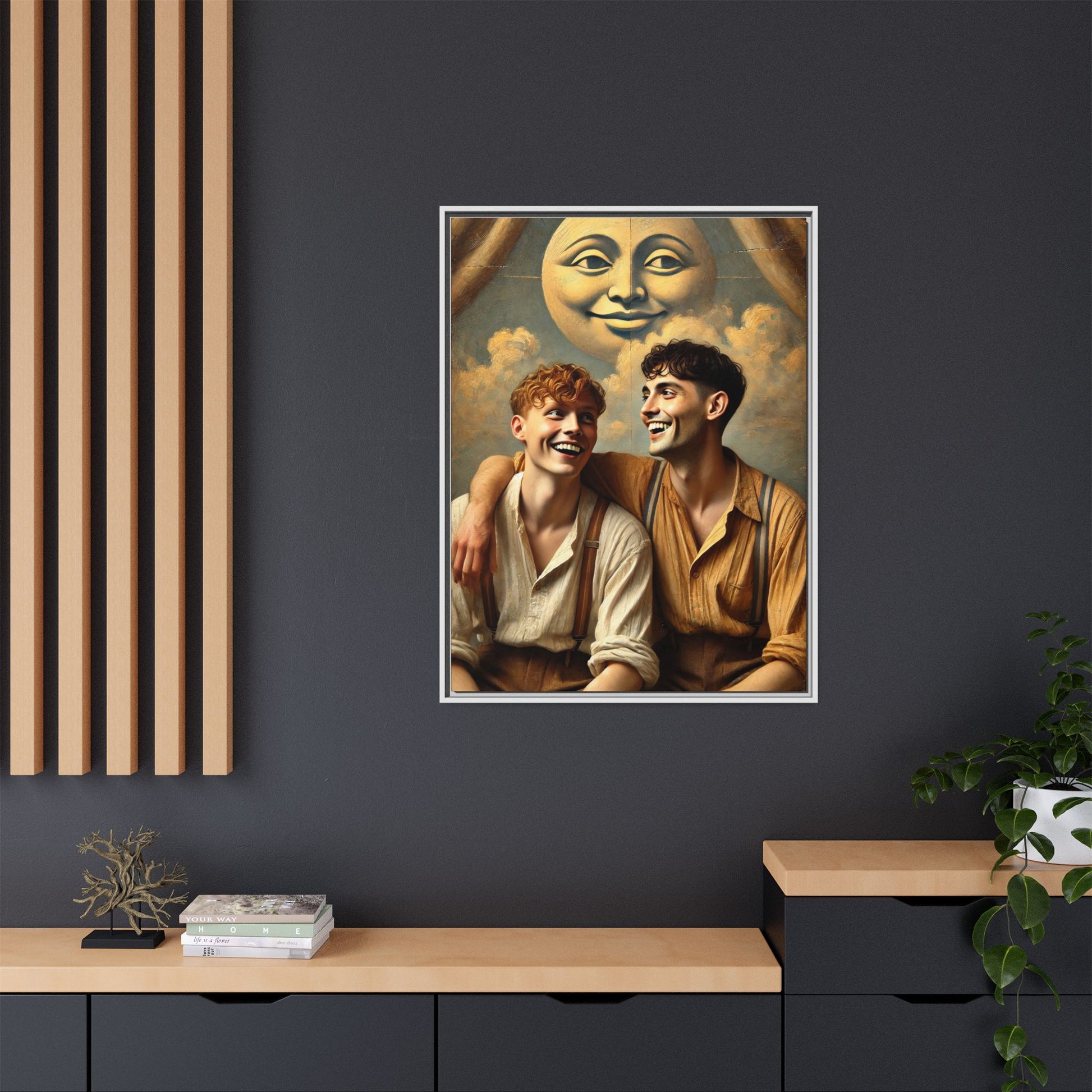 Queer artwork of two joyful young men dressed in vintage clothing with rolled sleeves and suspenders, laughing under a large moon prop in a dreamy studio scene. A celebration of love and resilience reclaimed from forgotten queer histories.