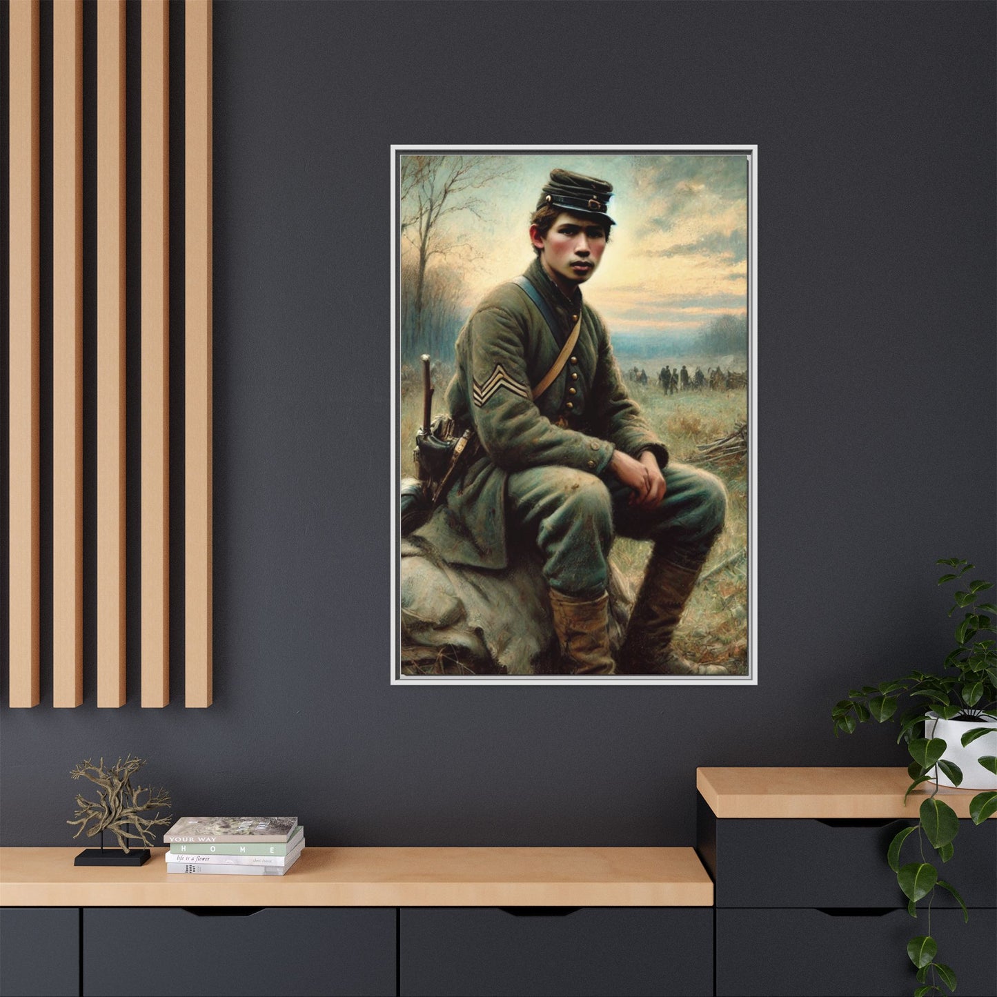 Framed artwork of a Civil War Union soldier inspired by Walt Whitman’s Leaves of Grass and Drum-Taps, depicting themes of sacrifice, strength, and vulnerability amidst a 19th-century battlefield.