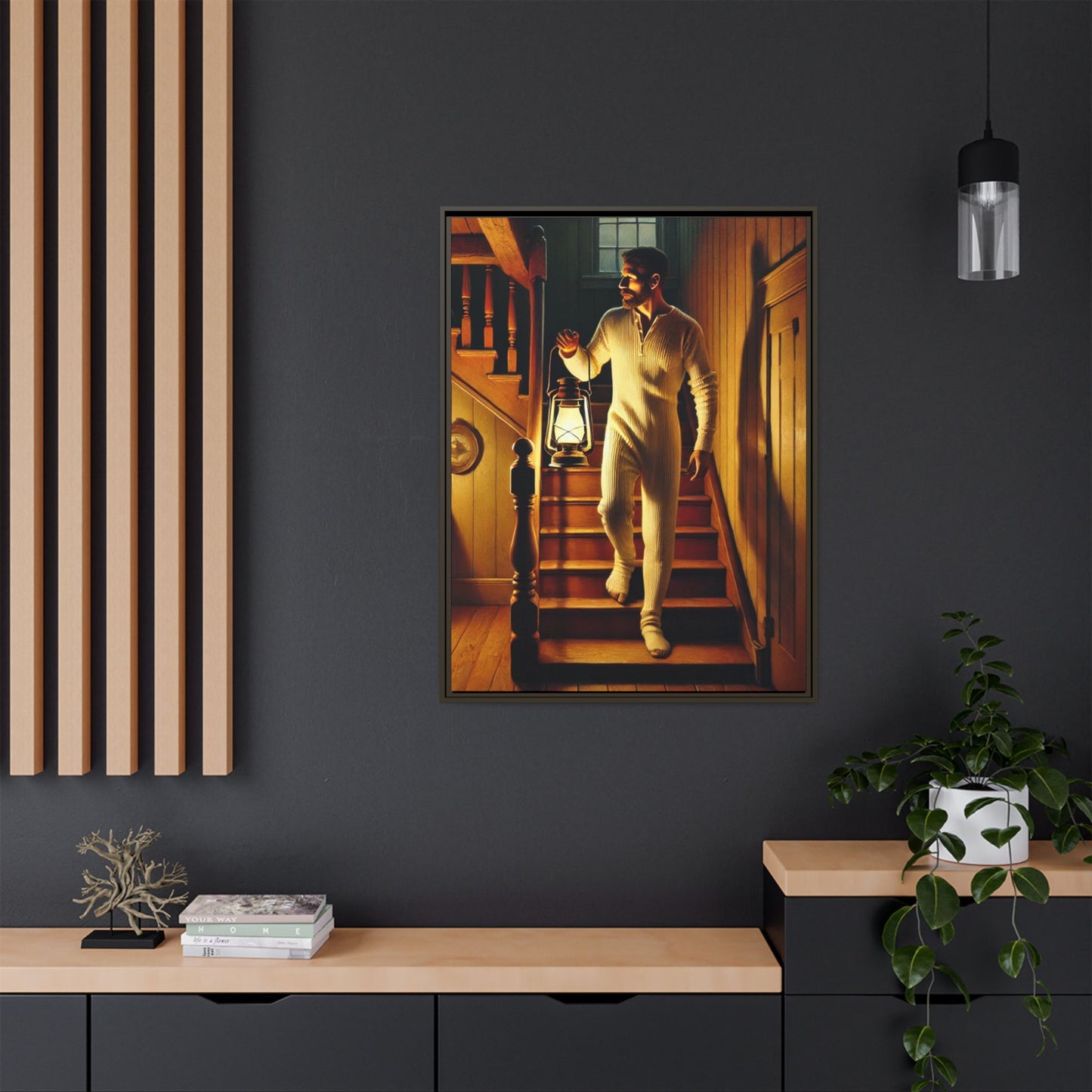 Atmospheric artwork of a man descending wooden stairs with a lantern, inspired by Grant Wood’s rural themes.