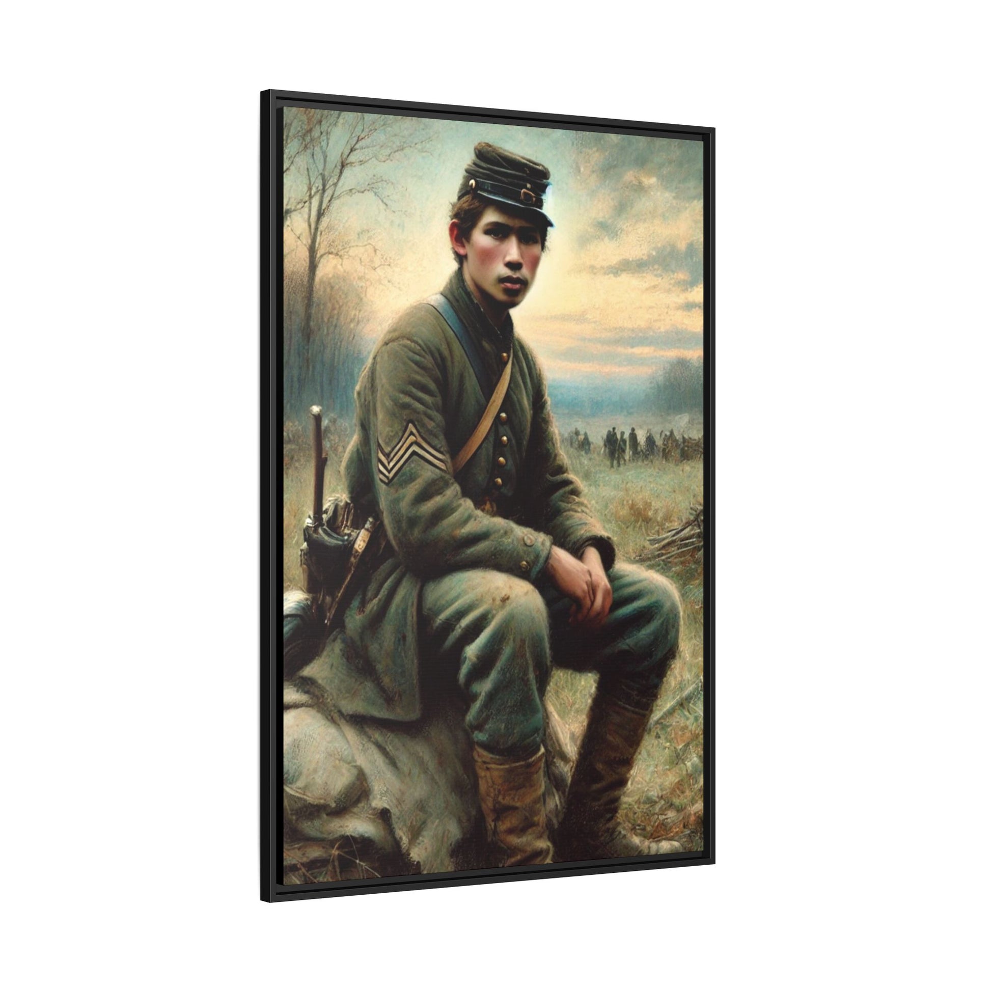 Framed artwork of a Civil War Union soldier inspired by Walt Whitman’s Leaves of Grass and Drum-Taps, depicting themes of sacrifice, strength, and vulnerability amidst a 19th-century battlefield.