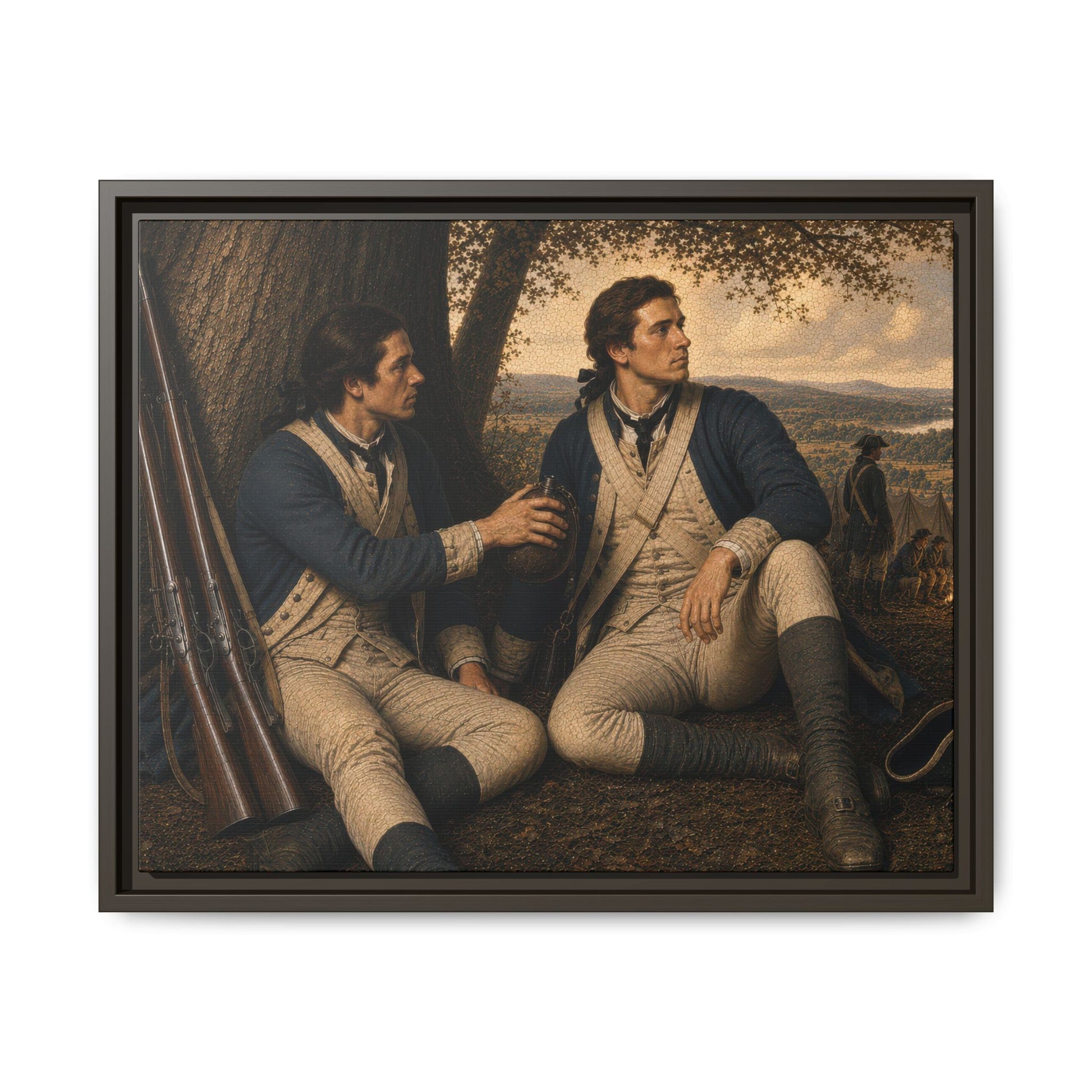 Two Continental Army soldiers resting beneath a large oak tree overlooking a Revolutionary War encampment, historical oil portrait style.