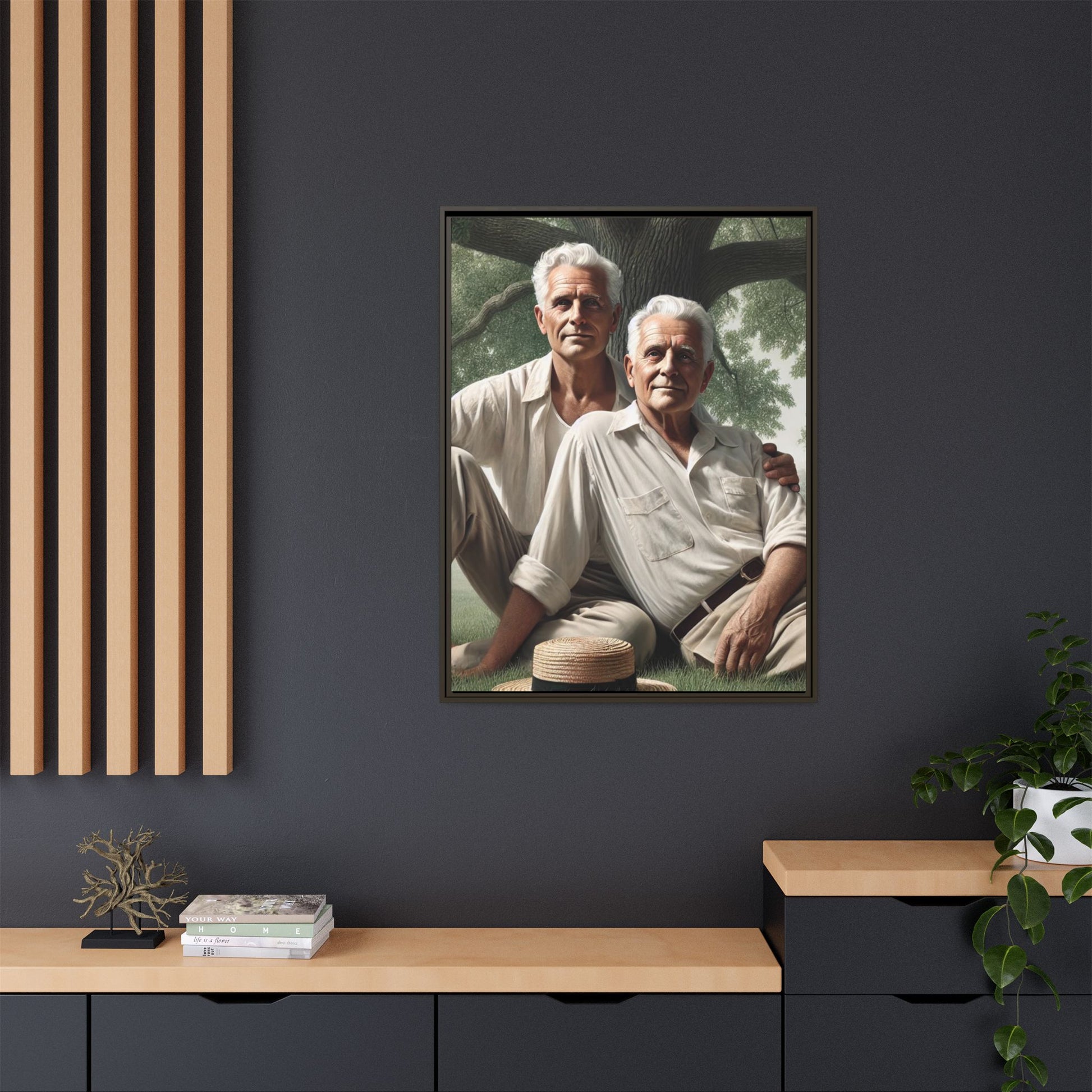 Hyper-realistic painting of an elderly gay couple in 1930s vintage attire under a leafy tree, celebrating love and resilience.