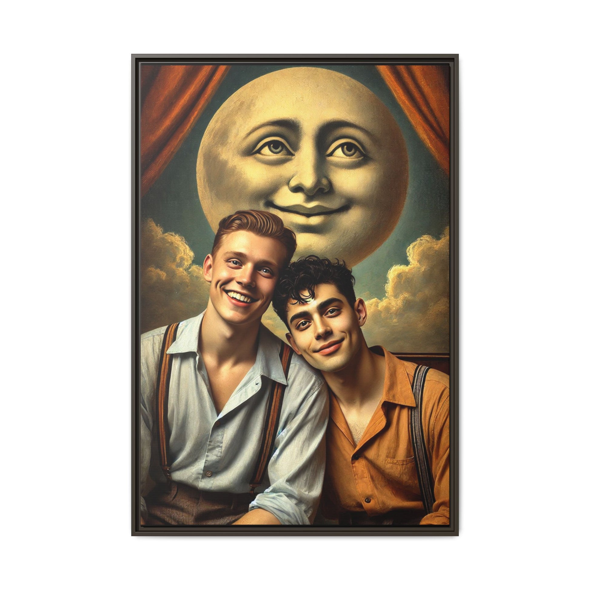 Framed artwork featuring a joyful queer couple in 1930s attire, seated close together beneath a smiling full moon in a theatrical studio setting. A celebration of reclaimed LGBTQ+ narratives in nostalgic portraiture.