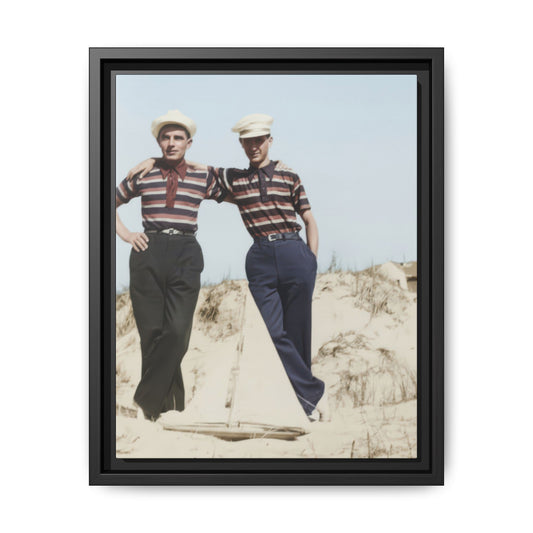 Vintage coastal portrait of two men standing in sand dunes framed canvas