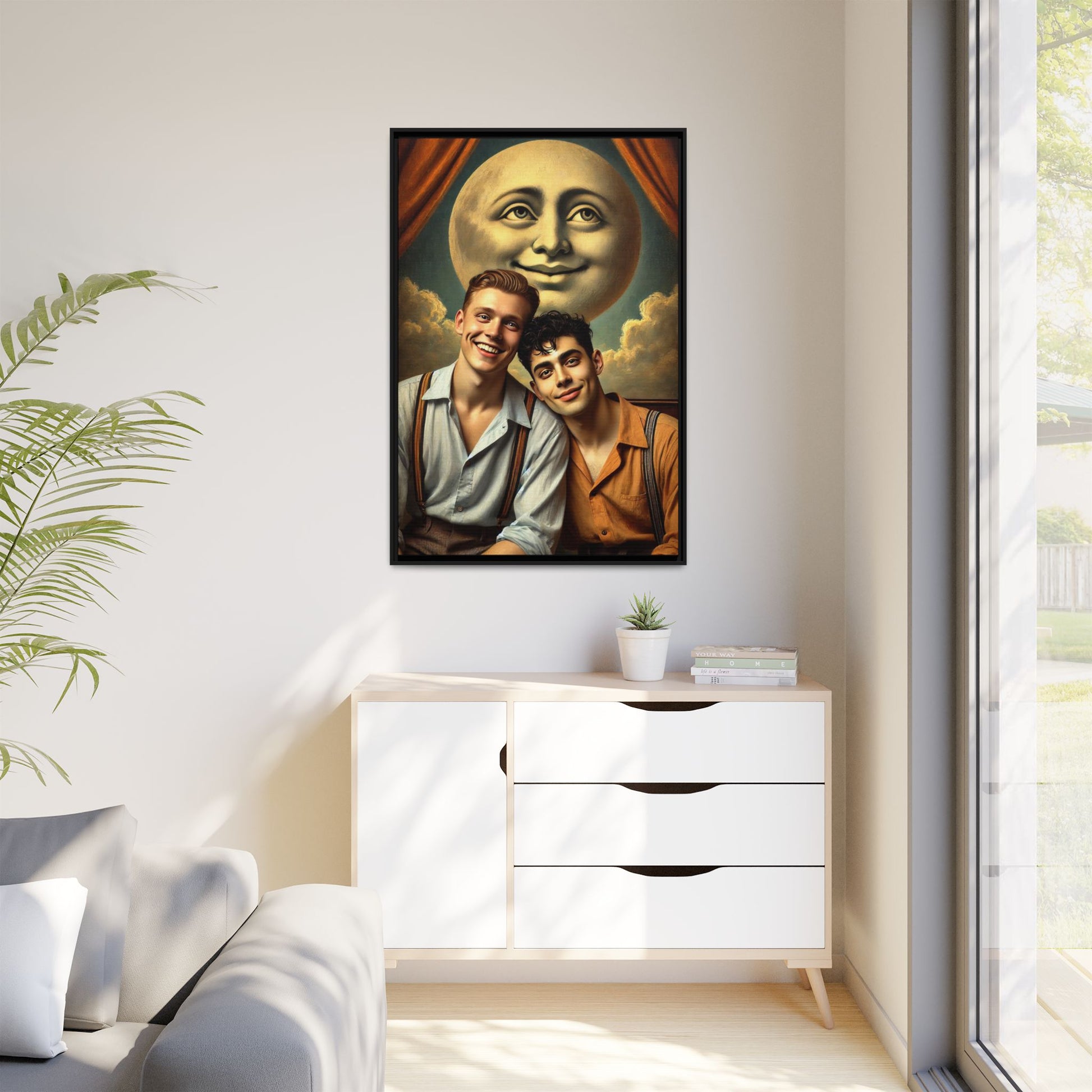 Framed artwork featuring a joyful queer couple in 1930s attire, seated close together beneath a smiling full moon in a theatrical studio setting. A celebration of reclaimed LGBTQ+ narratives in nostalgic portraiture.