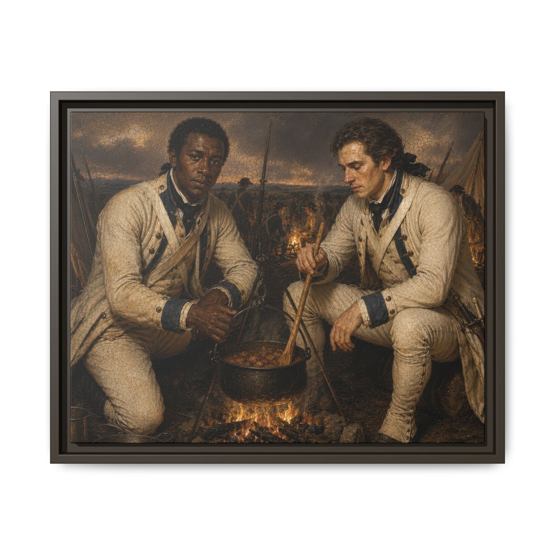 Two soldiers of the French Expédition Particulière prepare stew over a campfire in a Revolutionary War encampment at dusk.