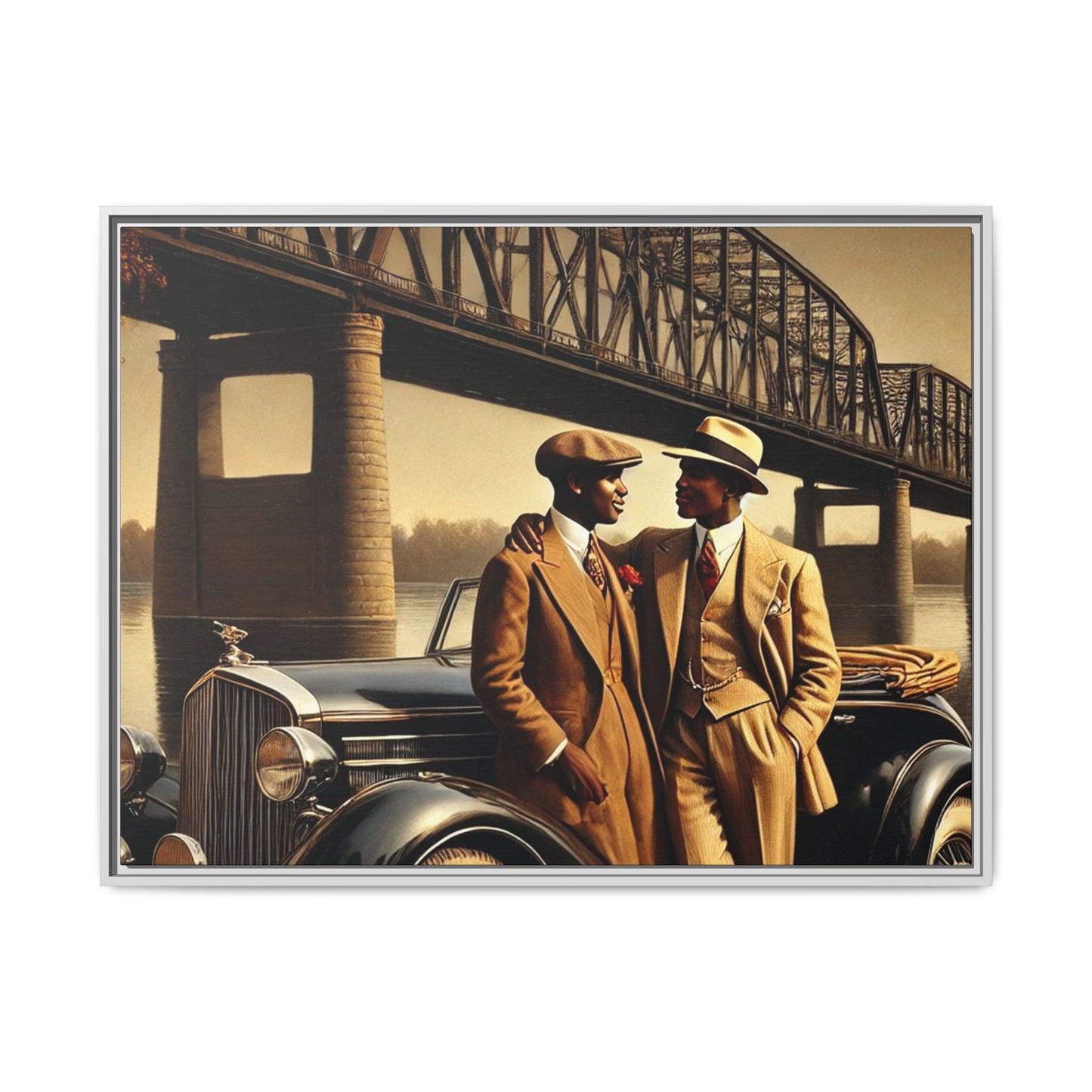 Vintage-style artwork of an African-American gay couple in the 1930s with a Packard car by the Mississippi River, celebrating love and inclusivity.