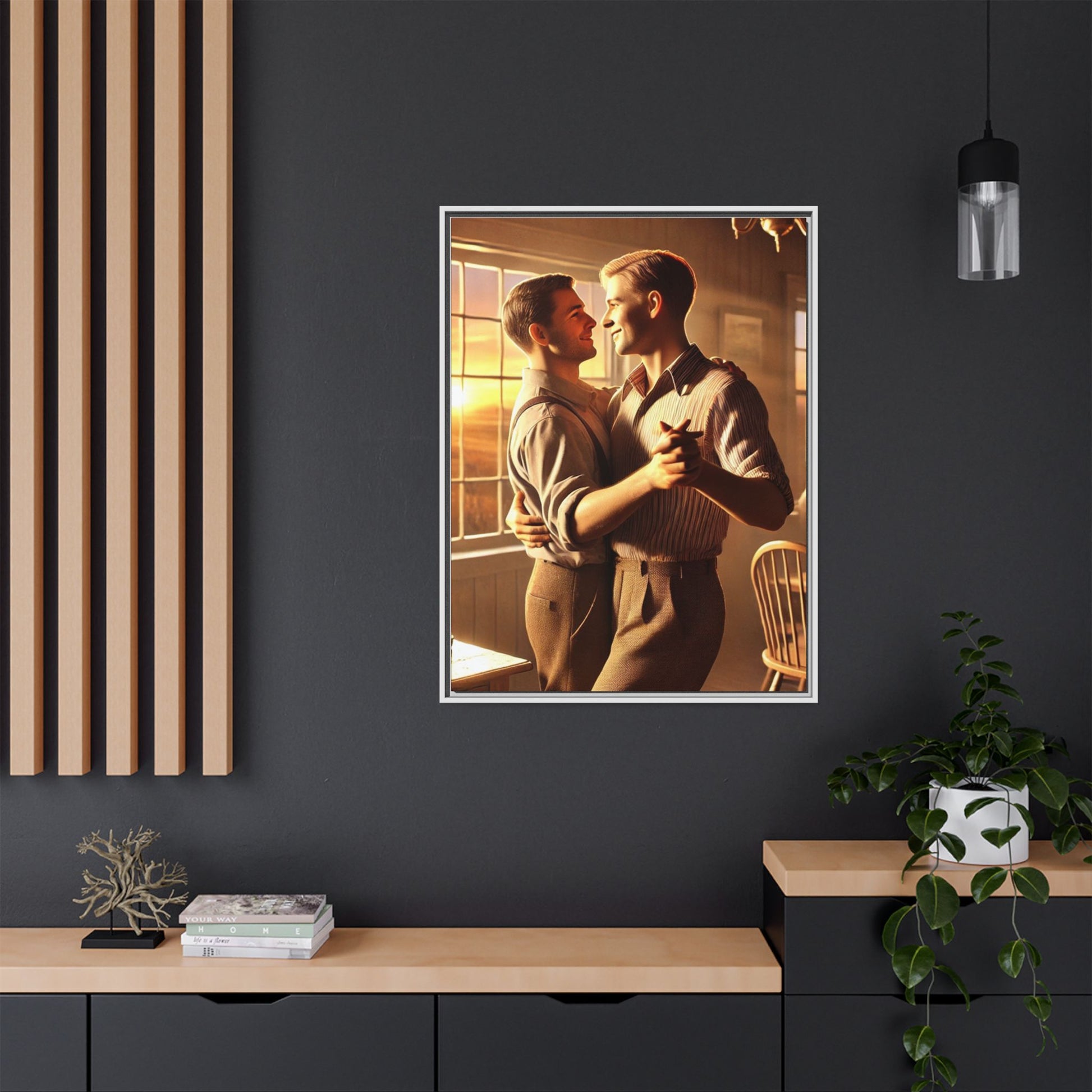 Art of a gay couple dancing in a sunlit dining room, inspired by Grant Wood’s Americana style and celebrating love.