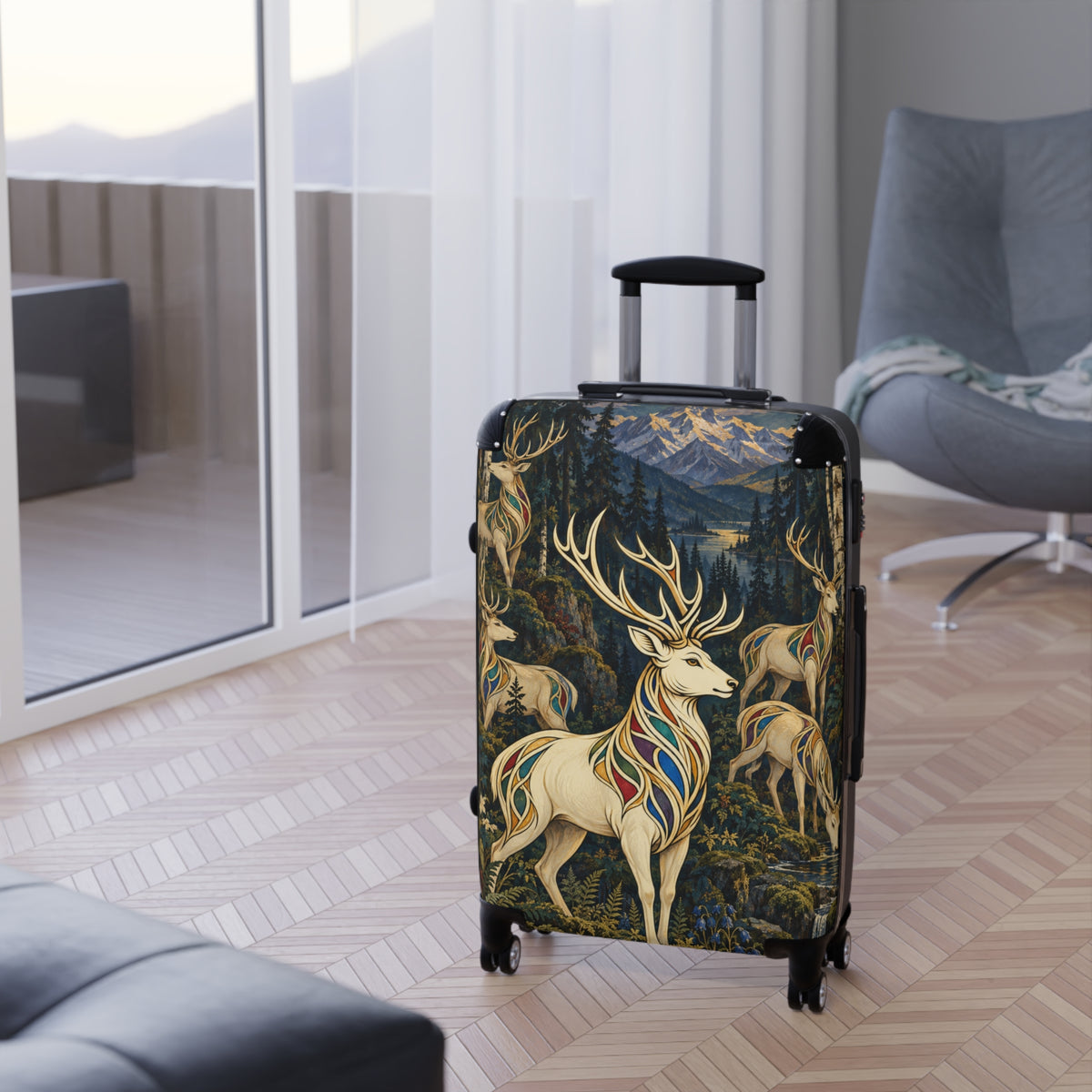 Deer Forest Carry-On Suitcase – Stained Glass Stag Travel Luggage