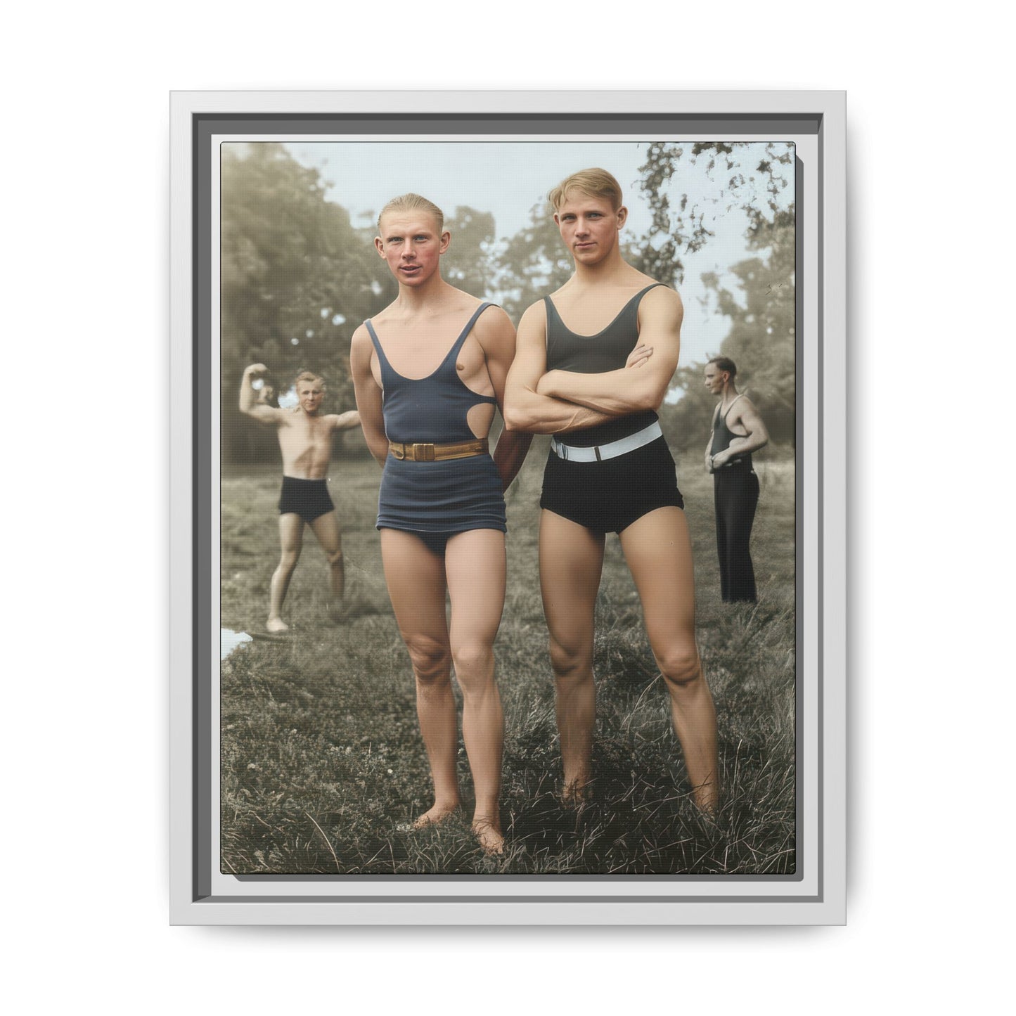 Early 20th-century outdoor swim scene featuring standing figures in vintage bathing suits 