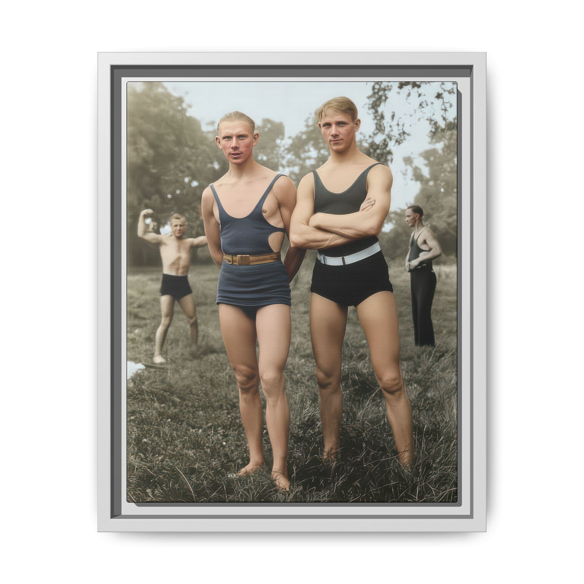 Early 20th-century outdoor swim scene featuring standing figures in vintage bathing suits 