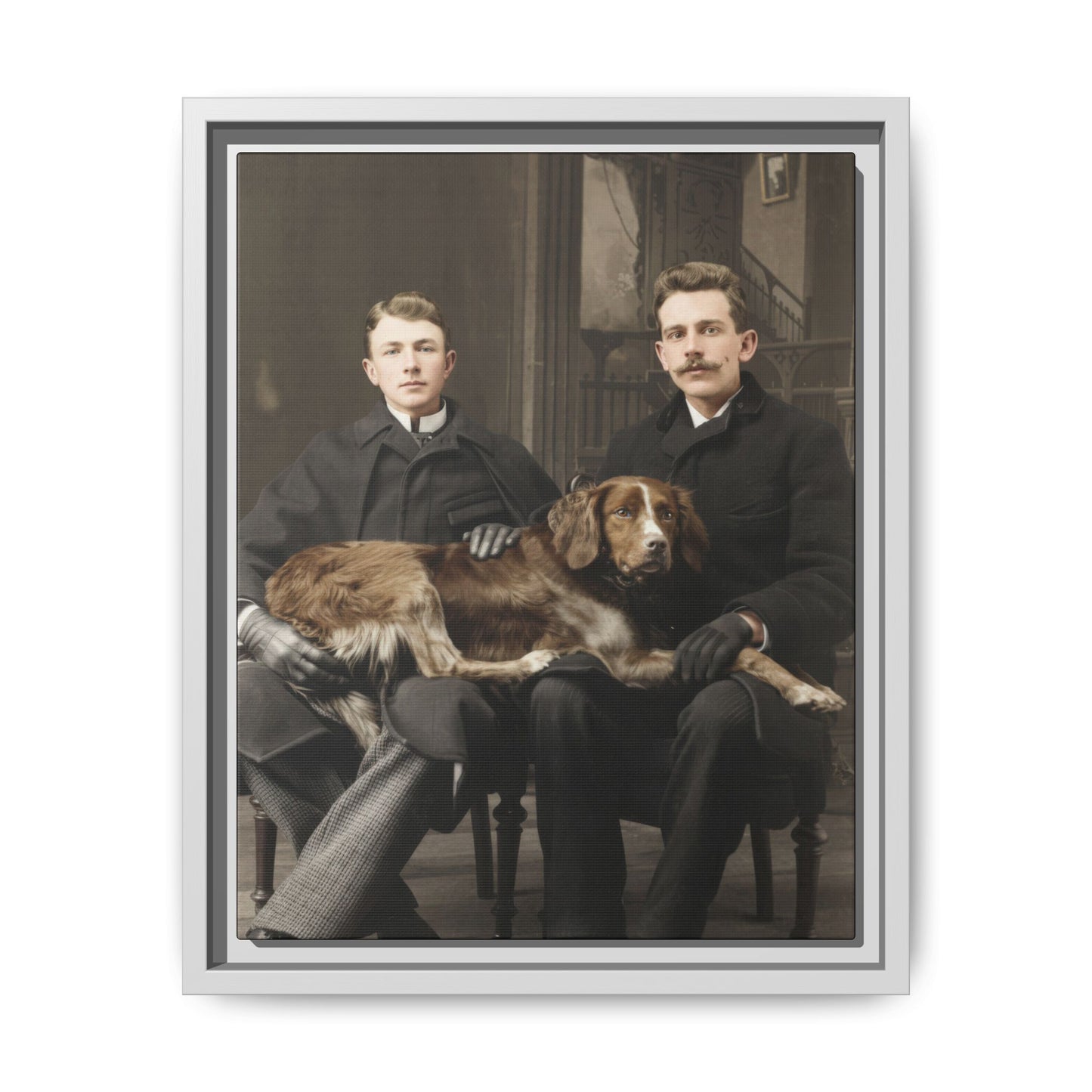 Archival interior double portrait with dog vintage wall art