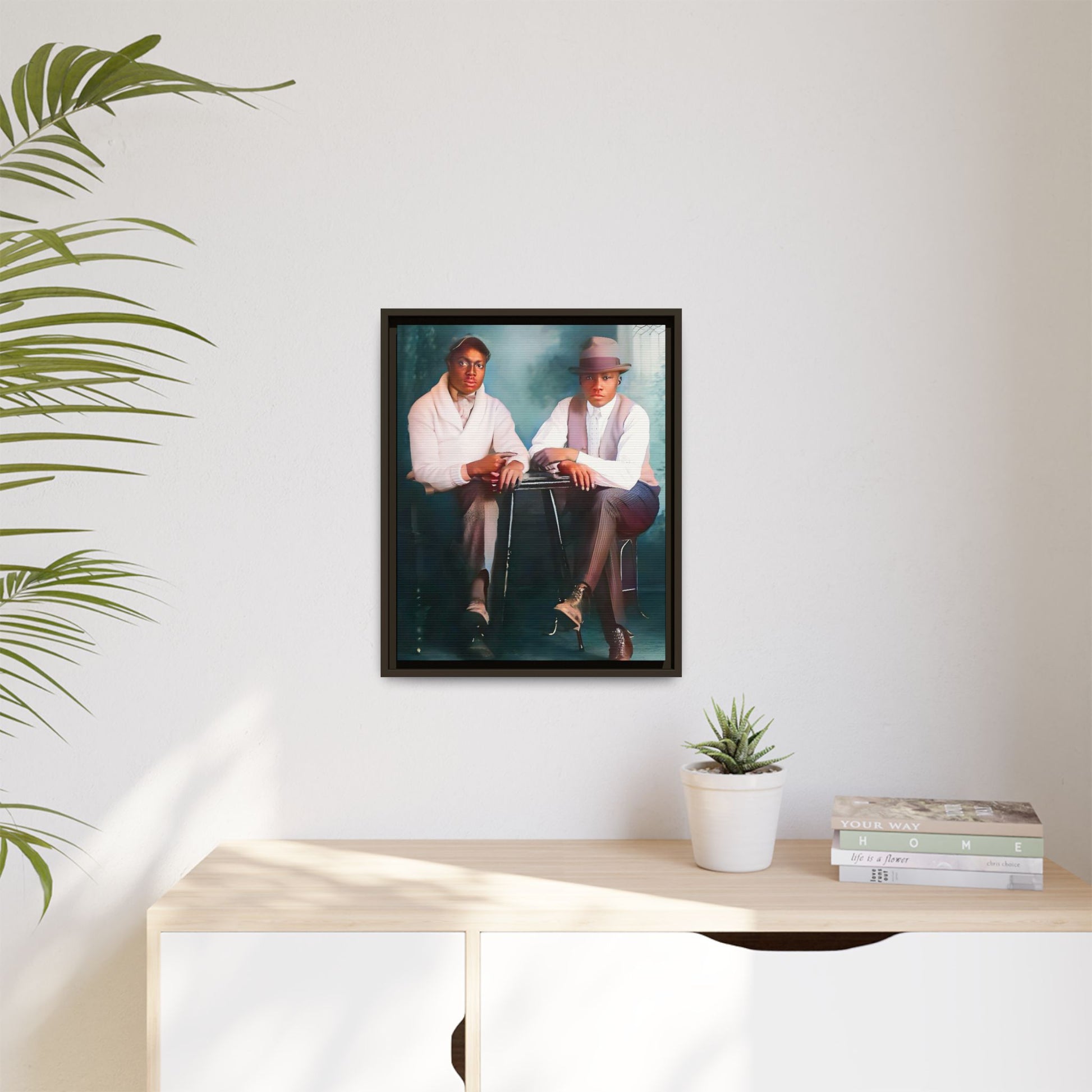 Restored vintage 1930s photo of Denzel & Jacob, African-American couple seated at a café in Little Rock AR, framed canvas art.