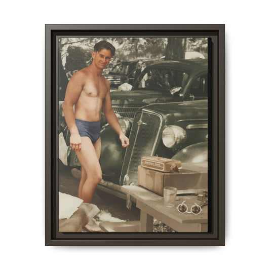 Historical outdoor bathing photograph reproduced as matte canvas with vintage cars and picnic items 