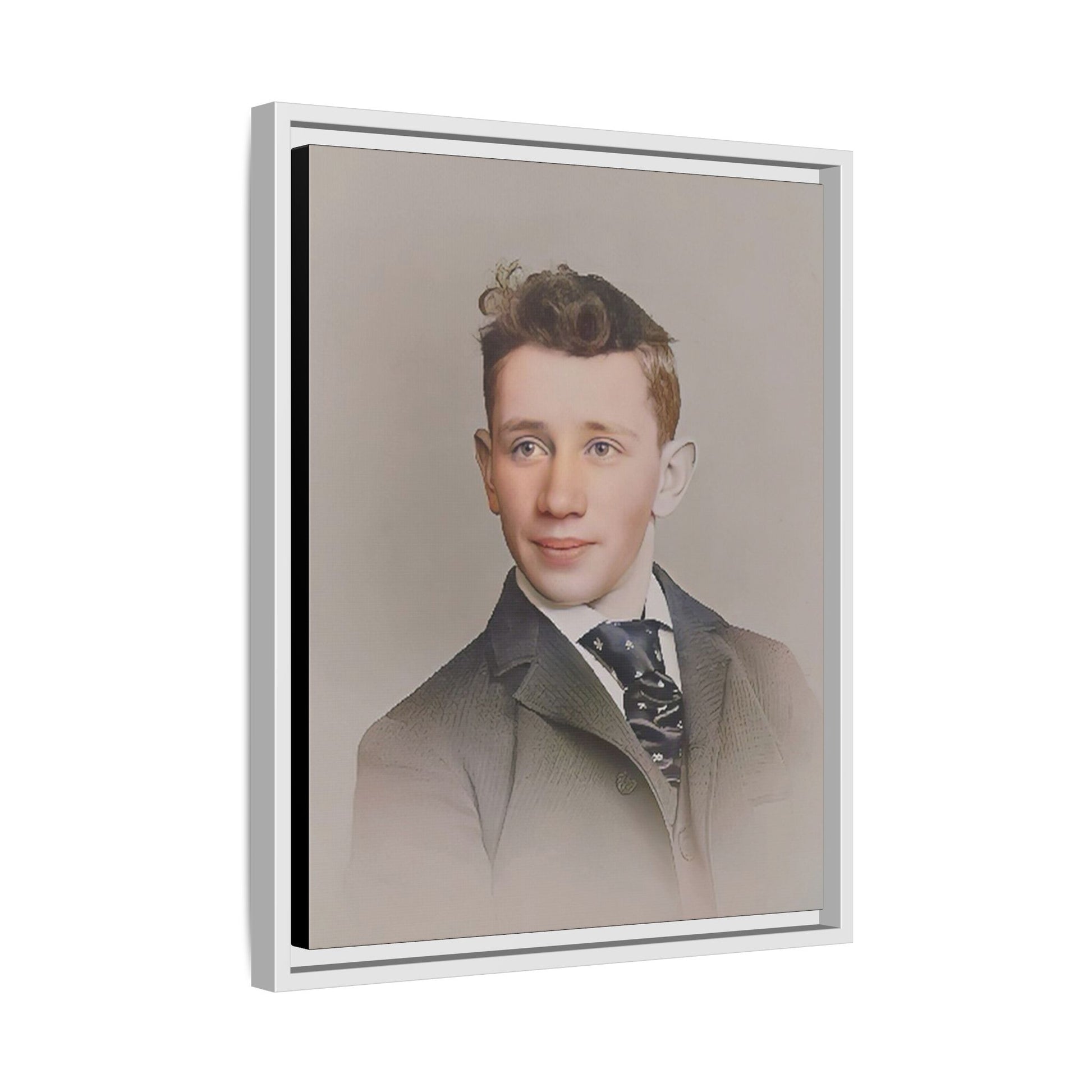 Restored vintage portrait of Leo from early 1900s Milwaukee, Wisconsin, featuring refined elegance and a patterned cravat. Framed matte canvas print celebrating timeless style and individuality.