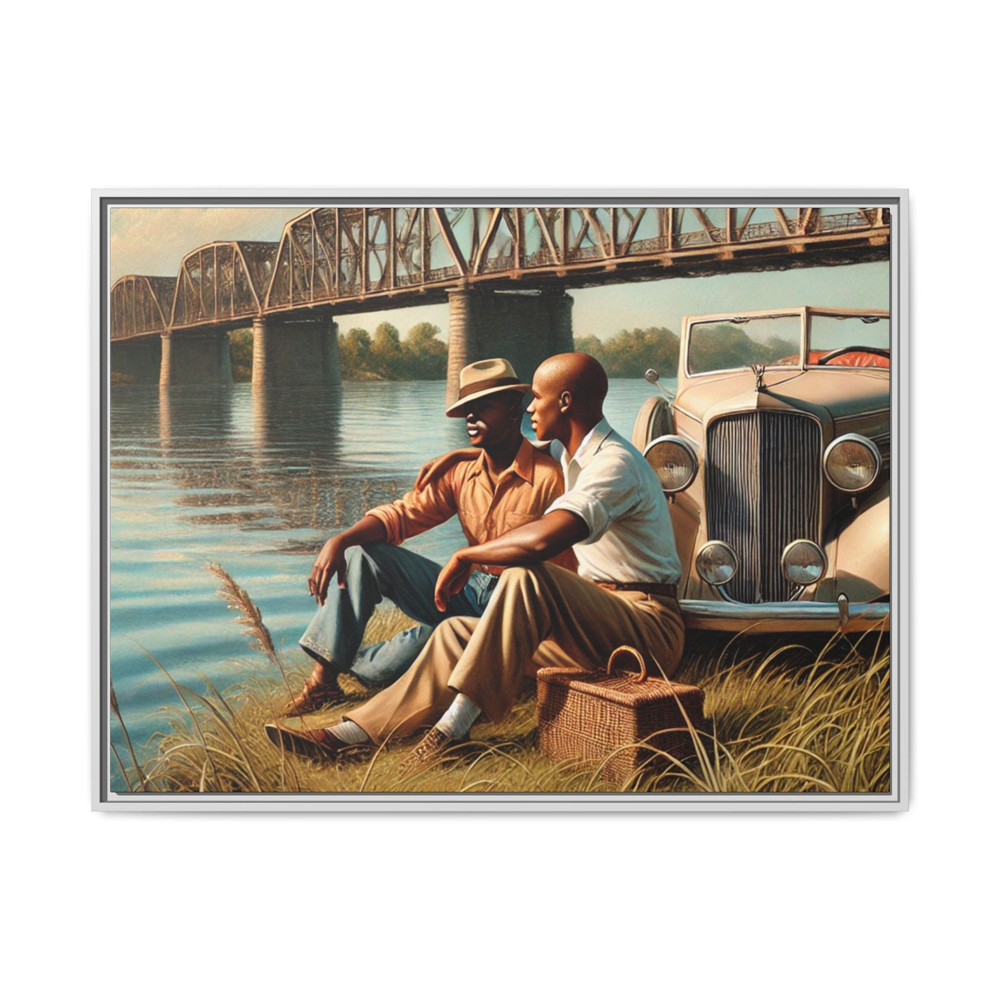 Vintage-style painting of an African-American gay couple in the 1930s by the Mississippi River with a Packard car, celebrating love and resilience.