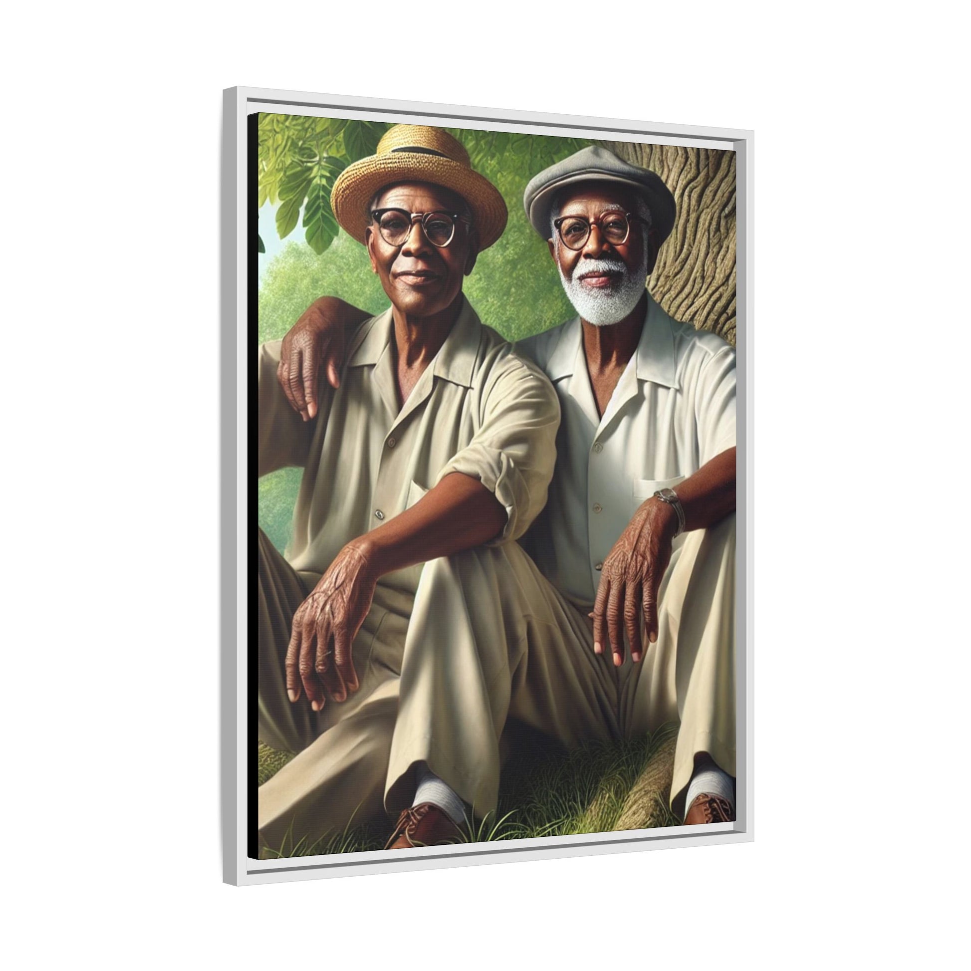 Framed artwork of a gay African-American couple in Cedar Rapids, Iowa, 1930s, celebrating love and resilience.