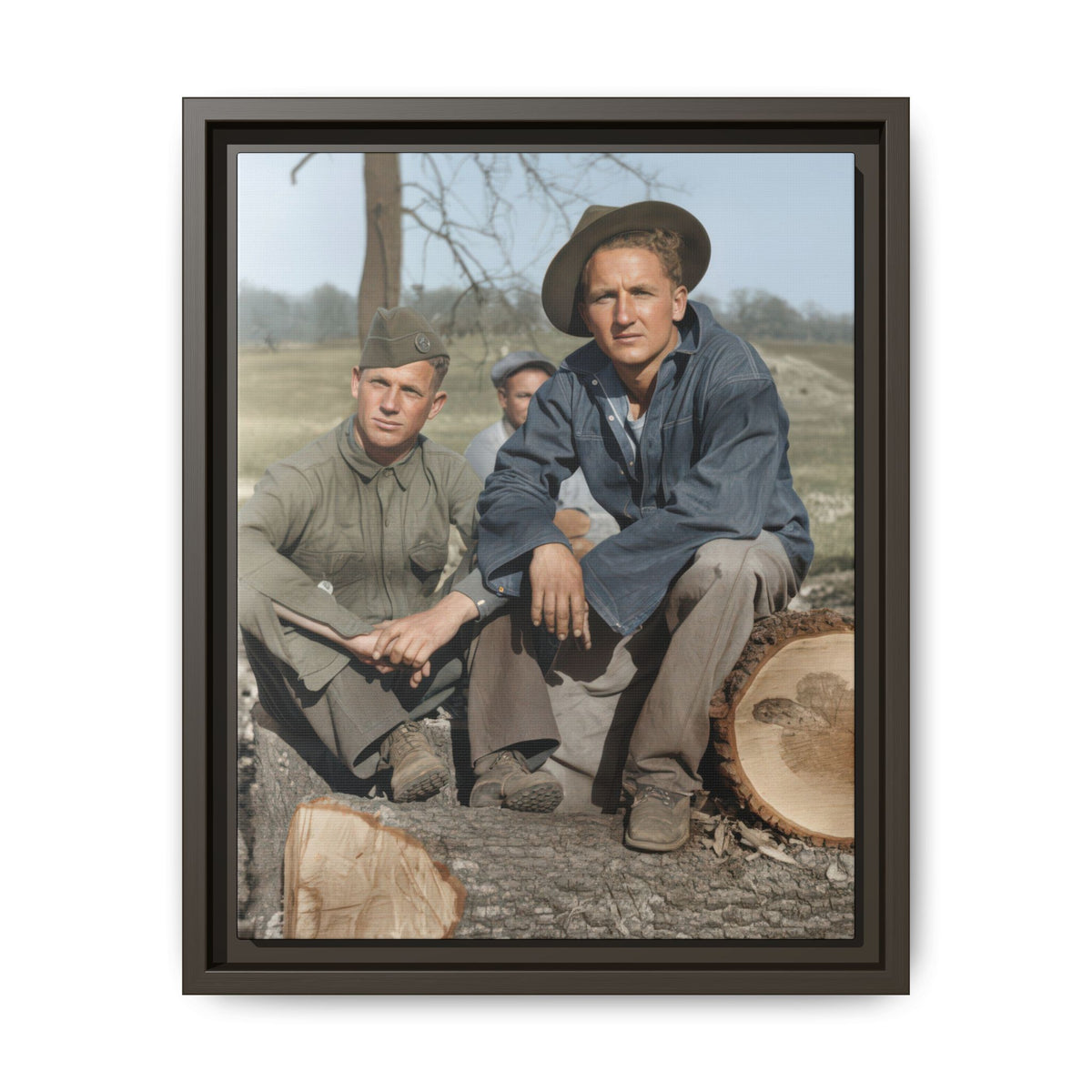 Seated men wearing a garrison-style cap and a broad-brimmed hat, surrounded by rough bark and pale cut timber.